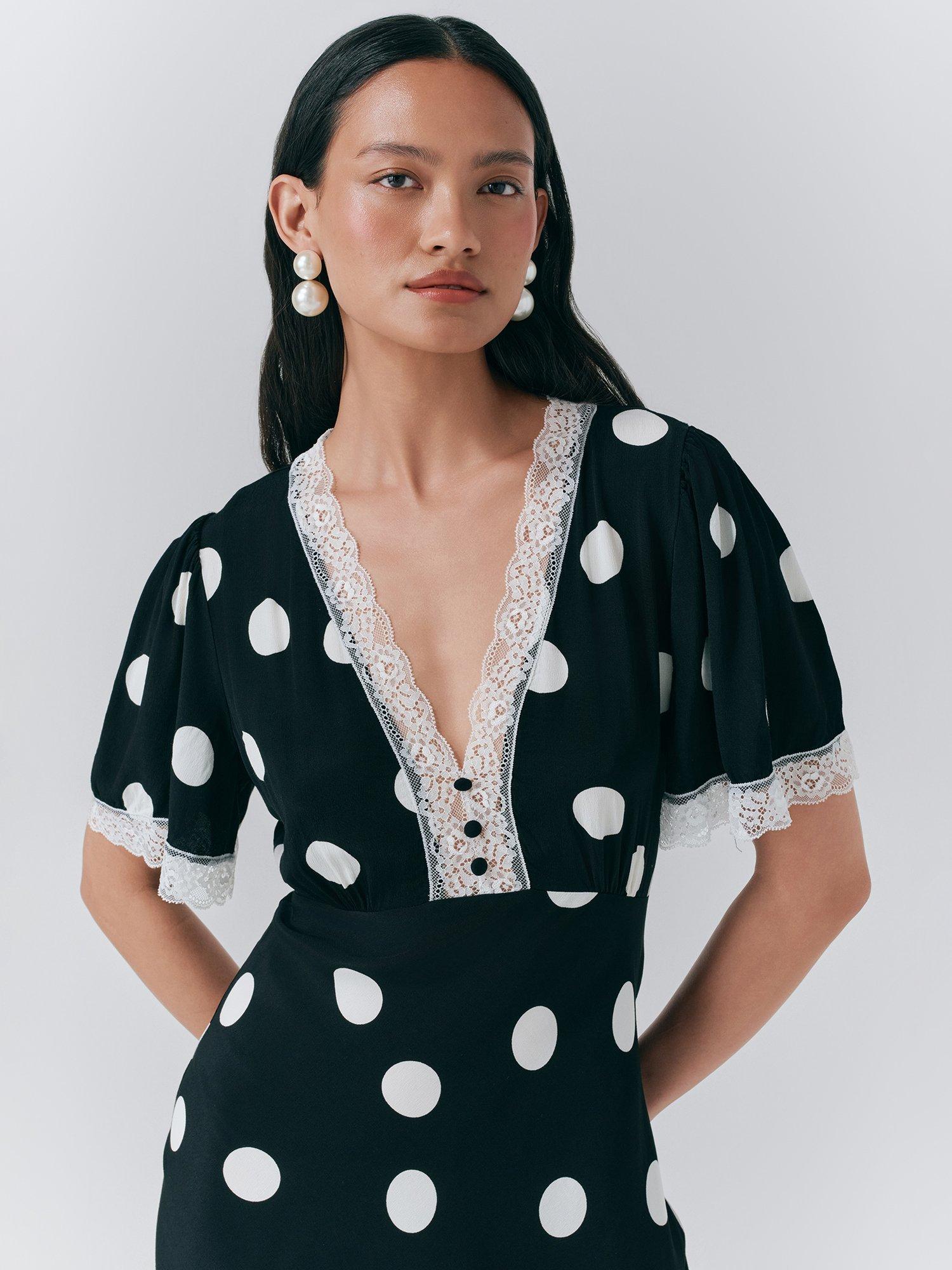 Product image 4 of 5, which shows Ghost Belle Polka Dot Dress, Black/Multi, XS