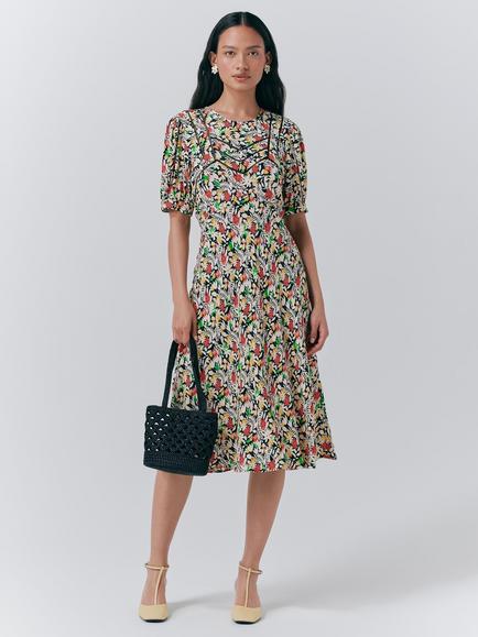 Ghost Dotty Puff Sleeve Floral Dress, Black/Multi, Black/Multi