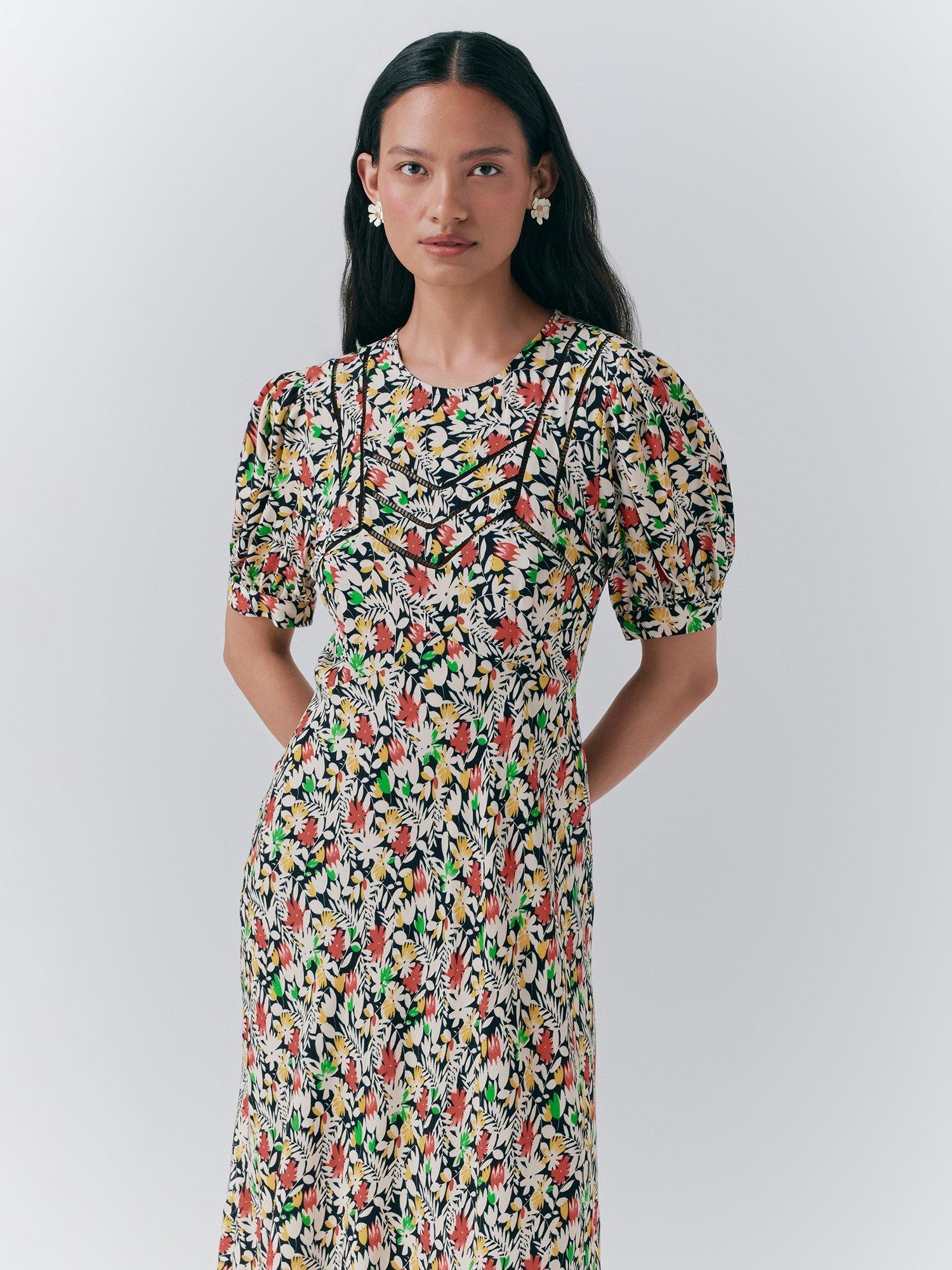 Product image 3 of 5, which shows Ghost Dotty Puff Sleeve Floral Dress, Black/Multi, XS