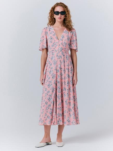Ghost Jess Floral Tie Waist Midi Dress, Pink/Multi, Pink/Multi
