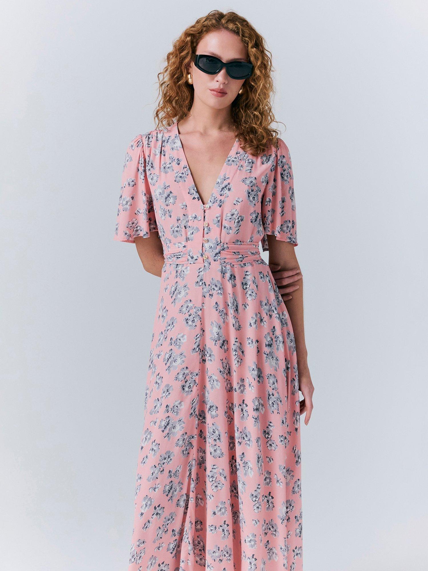 Product image 3 of 5, which shows Ghost Jess Floral Tie Waist Midi Dress, Pink/Multi, XS