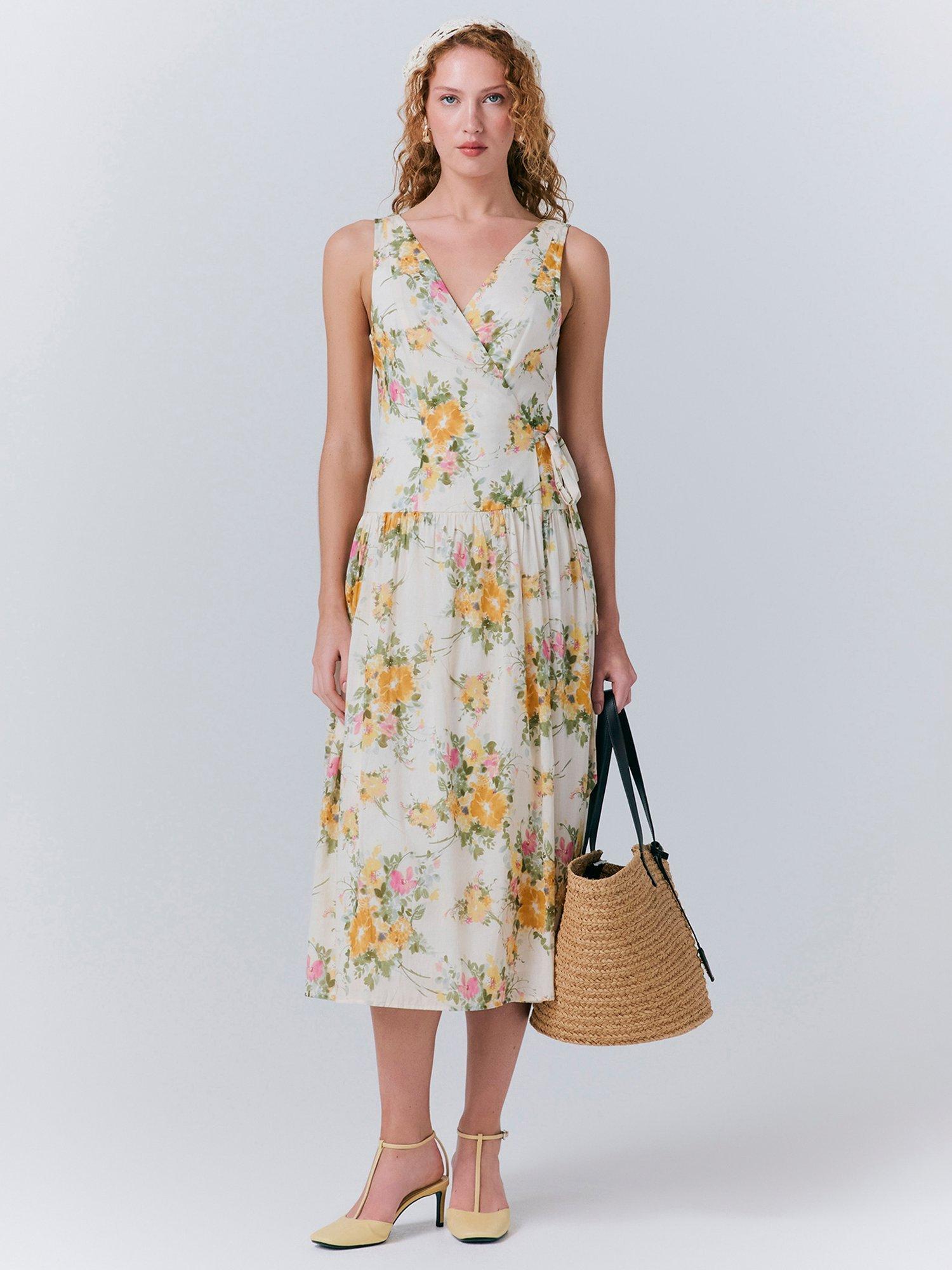 Product image 1 of 5, which shows Ghost Julia Cotton Wrap Midi Dress, Yellow/Multi, XS