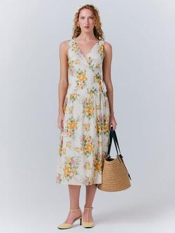 Ghost Julia Cotton Wrap Midi Dress, Yellow/Multi