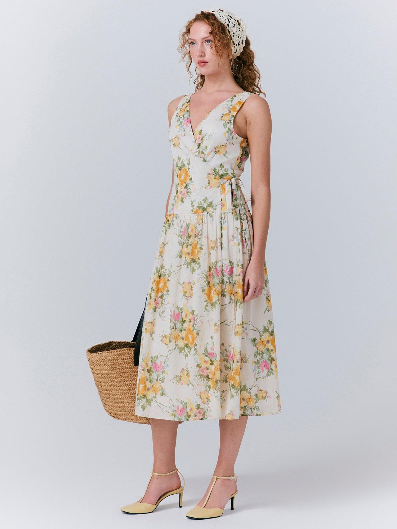 Product image 2 of 5, which shows Ghost Julia Cotton Wrap Midi Dress, Yellow/Multi, XS