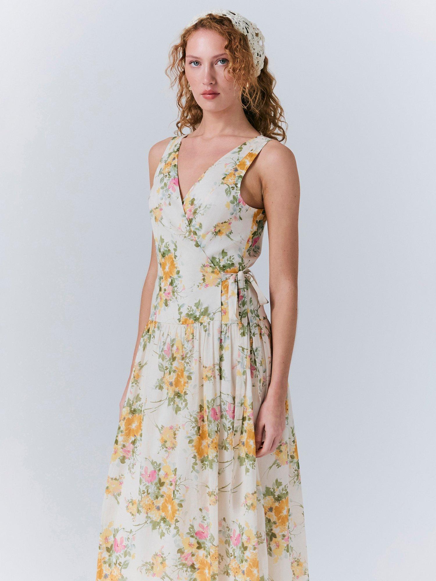 Product image 3 of 5, which shows Ghost Julia Cotton Wrap Midi Dress, Yellow/Multi, XS
