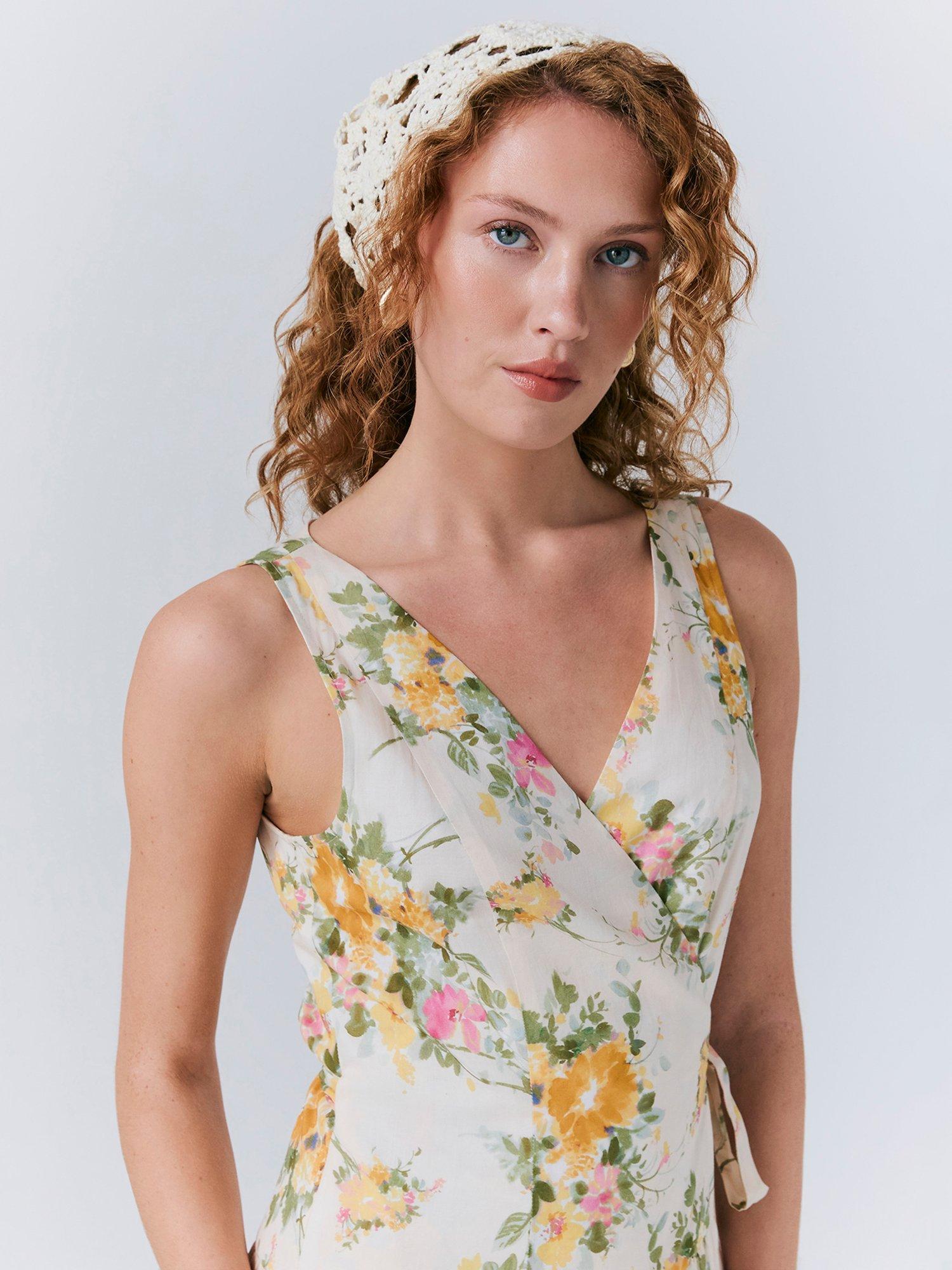 Product image 4 of 5, which shows Ghost Julia Cotton Wrap Midi Dress, Yellow/Multi, XS