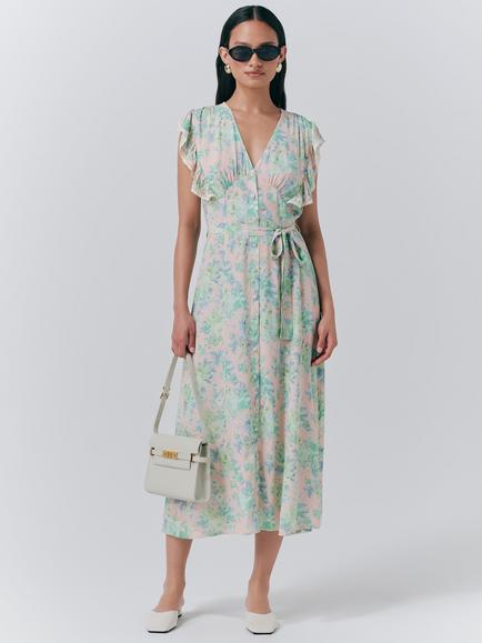Ghost Lucia Floral Ruffle Sleeve Dress, Green/Multi, Green/Multi