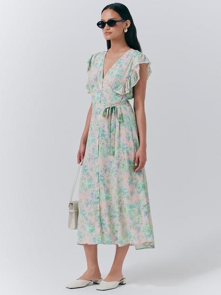 Ghost Lucia Floral Ruffle Sleeve Dress, Green/Multi - view 2, Green/Multi