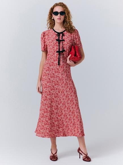 Ghost Maree Short Sleeve Floral Midi Dress, Red/Multi, Red/Multi