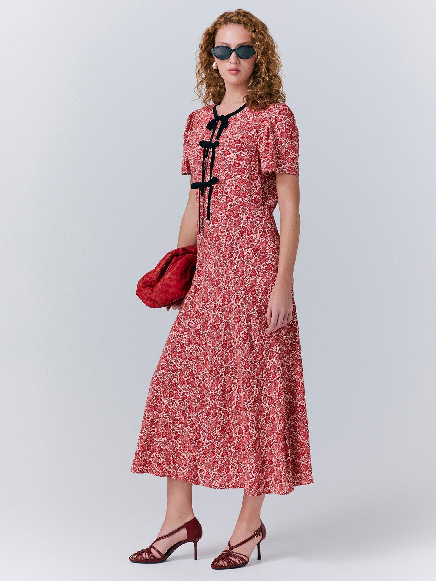 Product image 2 of 5, which shows Ghost Maree Short Sleeve Floral Midi Dress, Red/Multi, S
