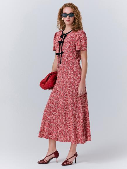 Ghost Maree Short Sleeve Floral Midi Dress, Red/Multi - view 2, Red/Multi