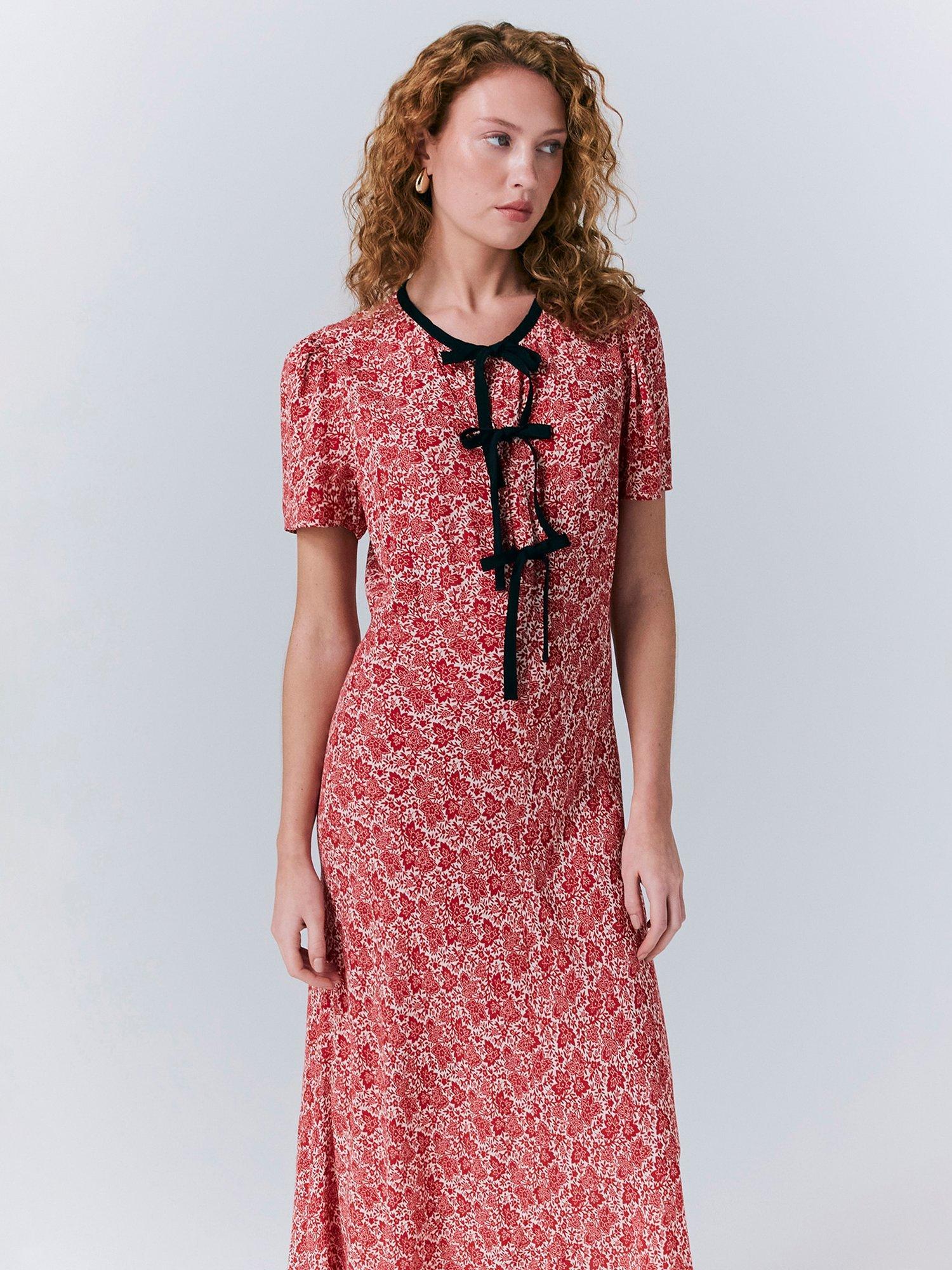 Product image 3 of 5, which shows Ghost Maree Short Sleeve Floral Midi Dress, Red/Multi, S