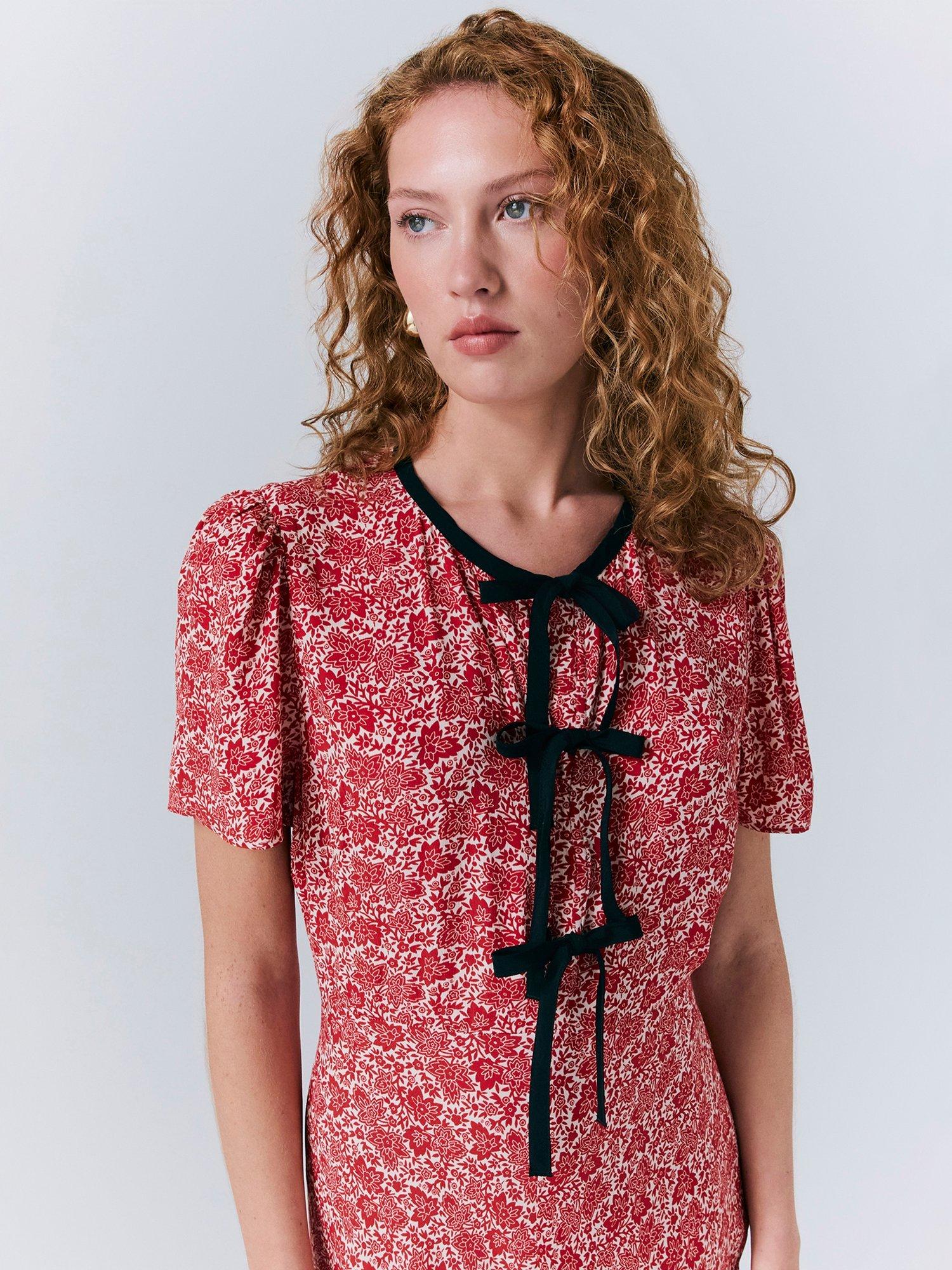 Product image 4 of 5, which shows Ghost Maree Short Sleeve Floral Midi Dress, Red/Multi, S
