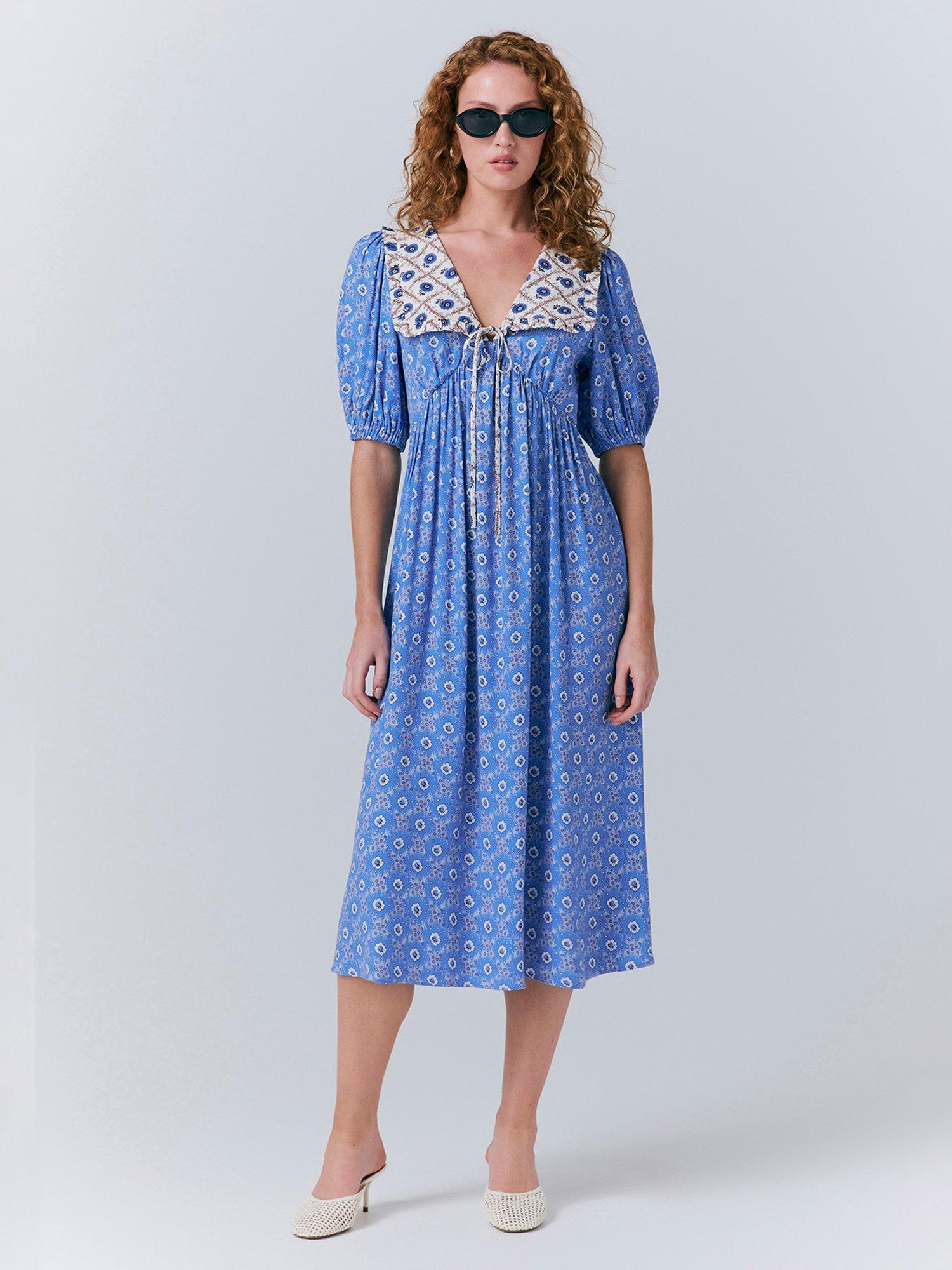 Product image 1 of 5, which shows Ghost Nellie Contrast Collar Midi Dress, Blue/Multi, S