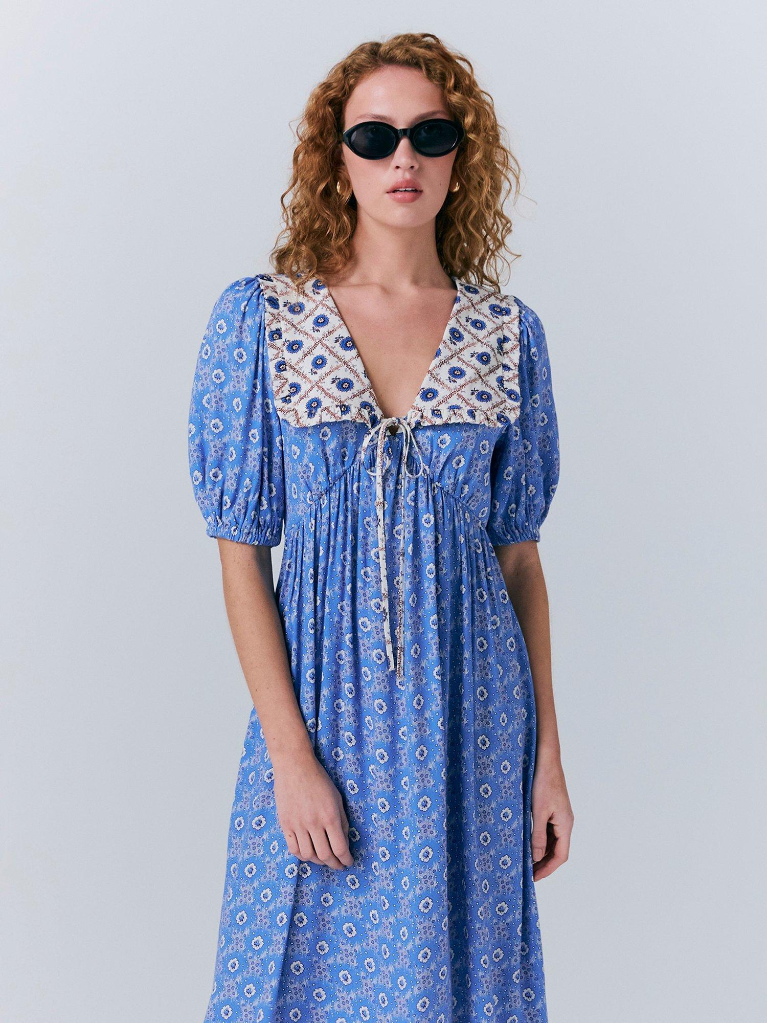 Product image 3 of 5, which shows Ghost Nellie Contrast Collar Midi Dress, Blue/Multi, S
