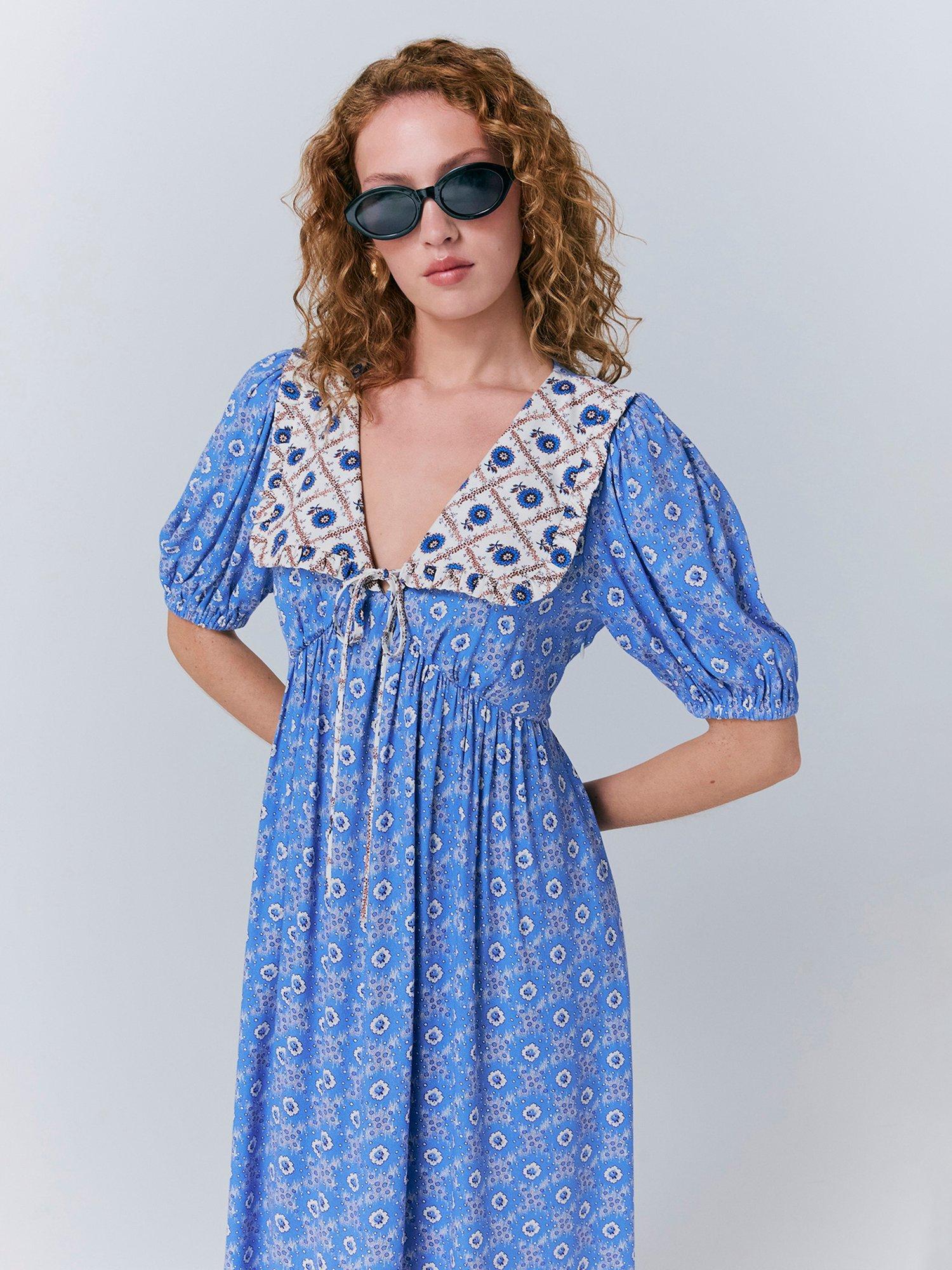 Product image 4 of 5, which shows Ghost Nellie Contrast Collar Midi Dress, Blue/Multi, S