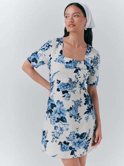 Ghost Reanna Floral Pure Linen Dress, Blue/Multi, Blue/Multi