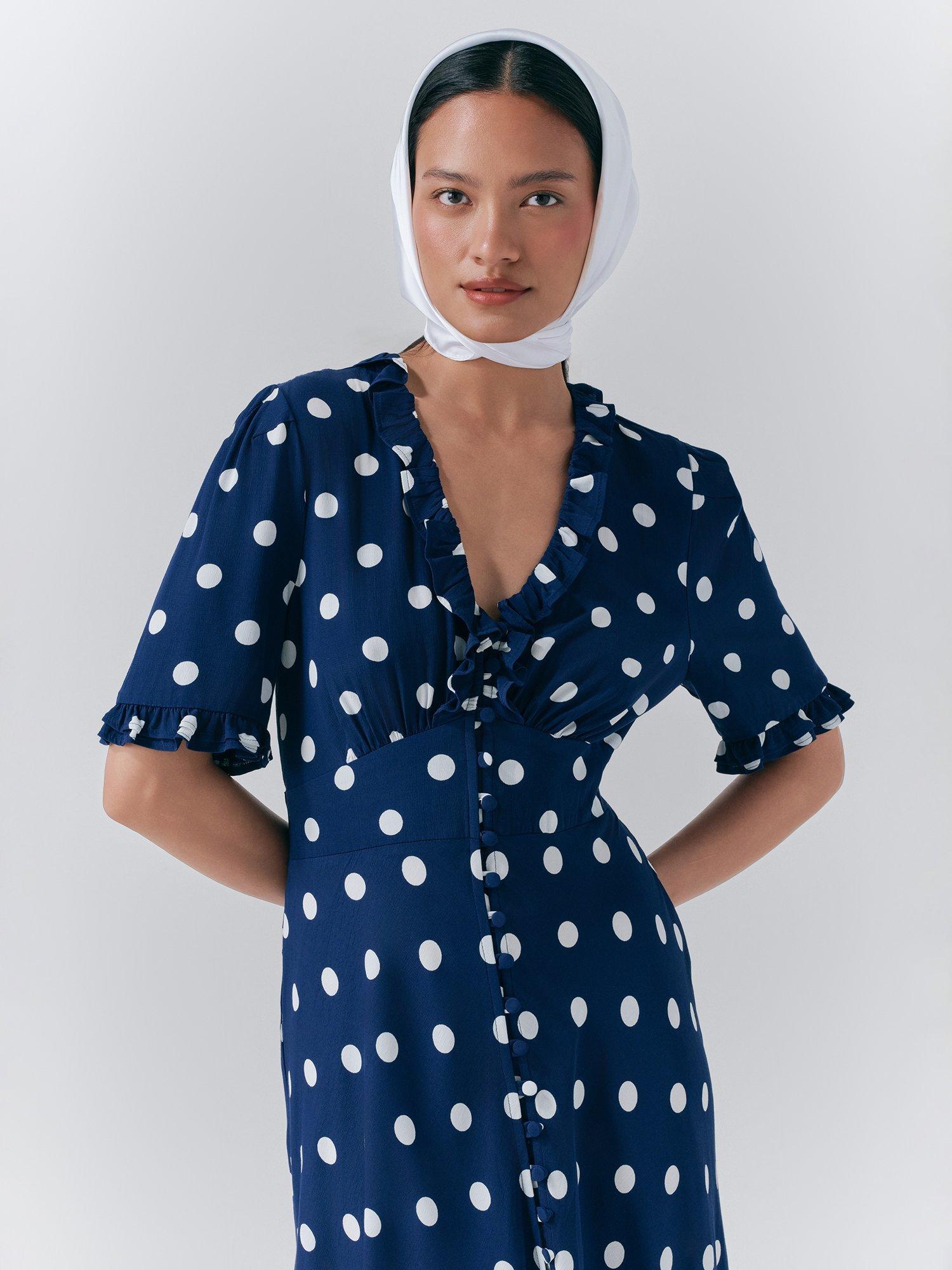 Product image 4 of 5, which shows Ghost Saffie Polka Dot Dress, Blue/Multi, XL