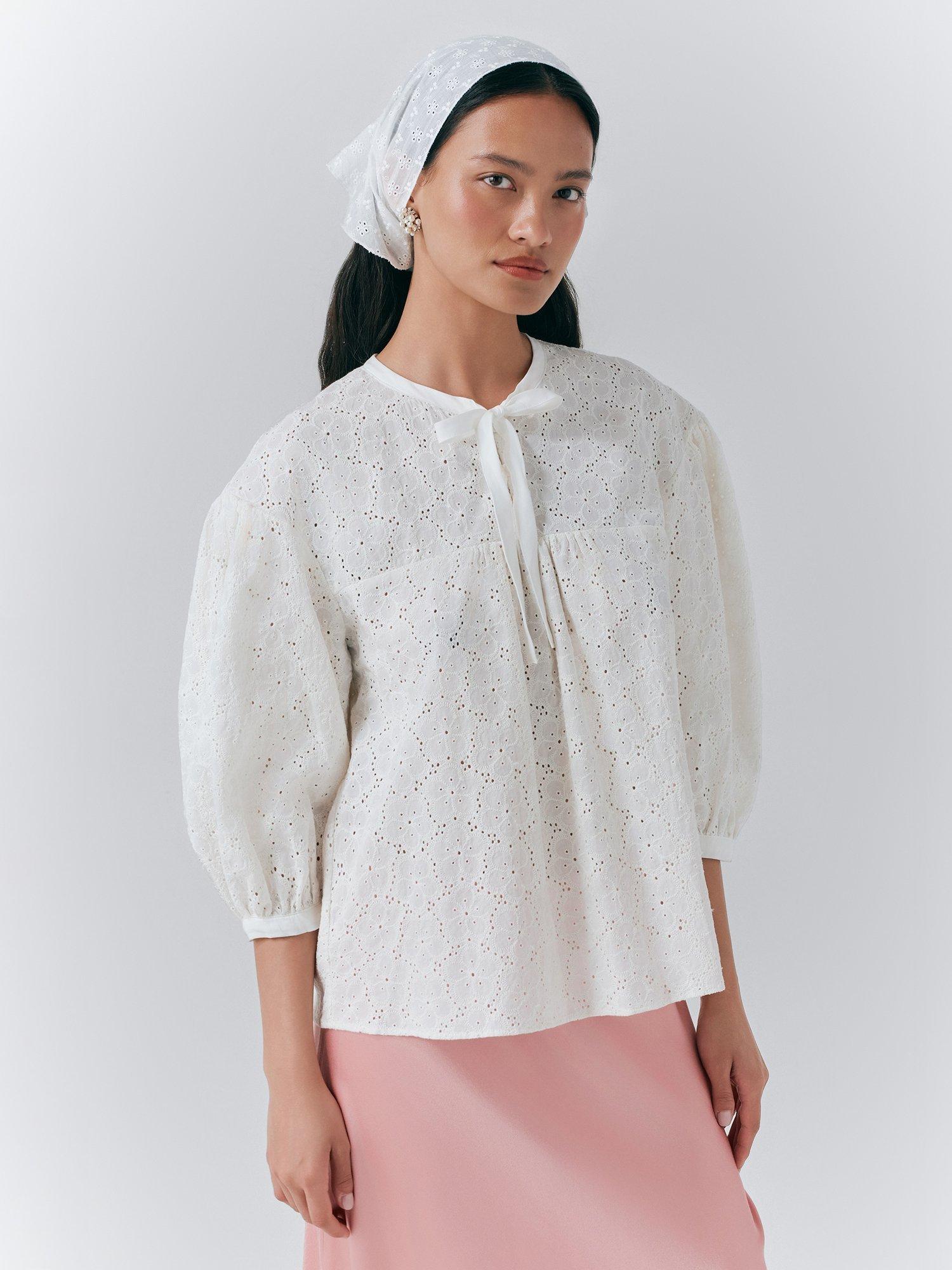 Product image 1 of 5, which shows Ghost Loren Broderie Anglaise Top, White, XS