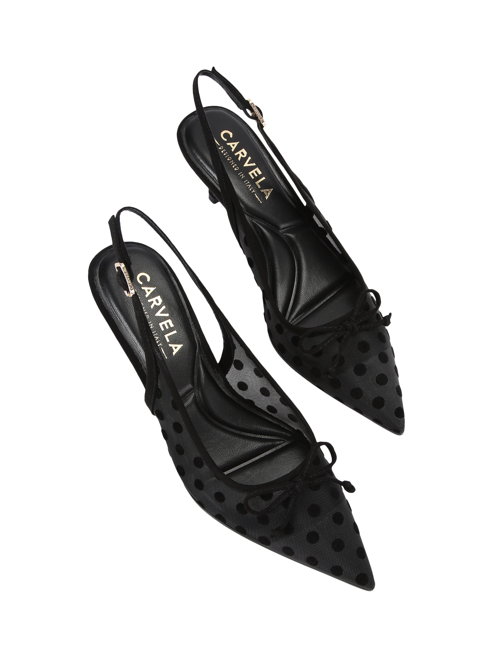 Product image 3 of 5, which shows Carvela Positano Polka Dot Mesh Pointed Slingback Courts, Black, 3