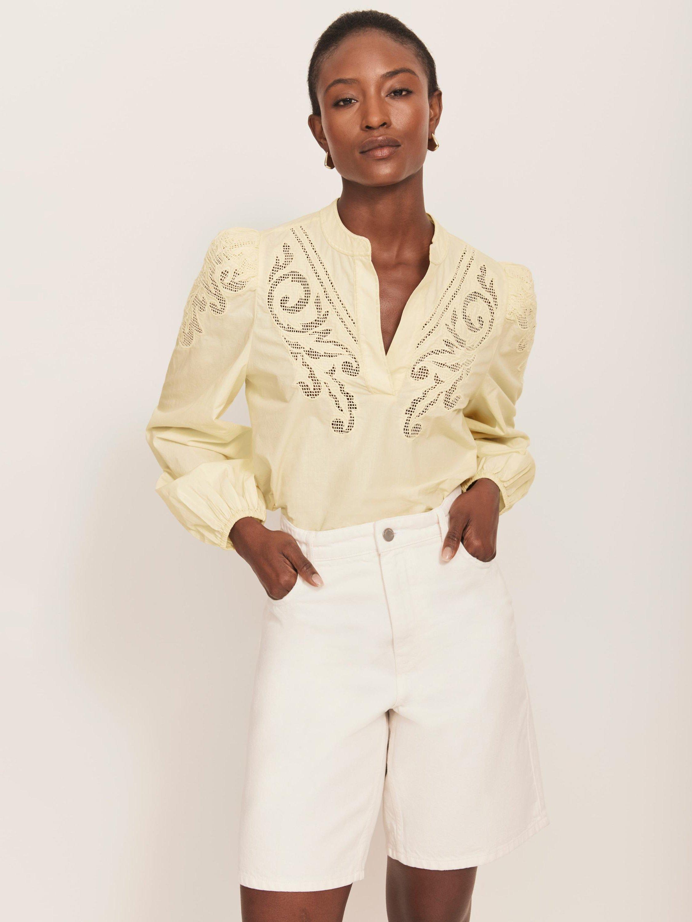 Mint Velvet Embroidered V-Neck Blouse, Yellow/Multi