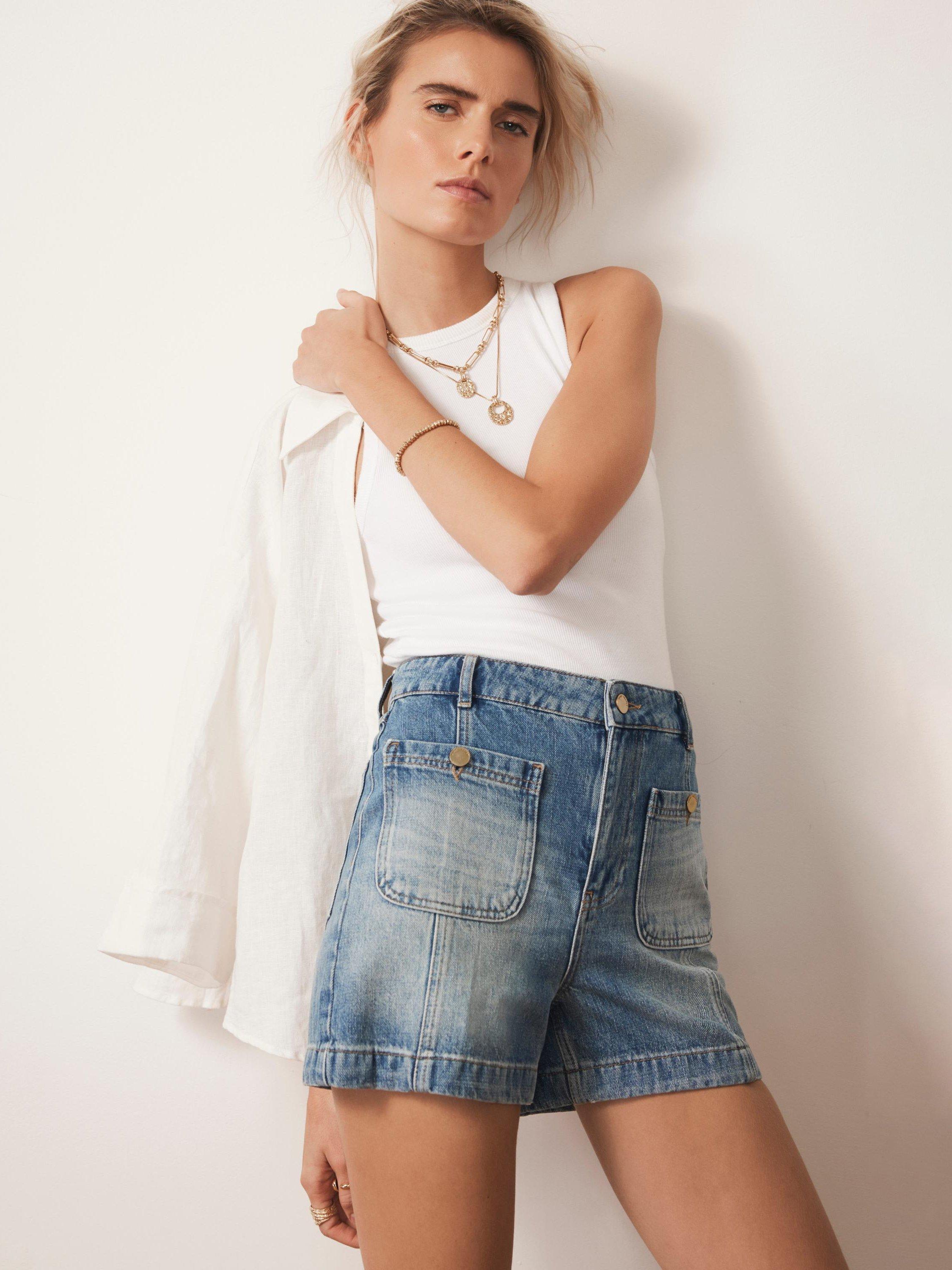 Product image 2 of 8, which shows Mint Velvet High Waist Denim Shorts, Blue/Multi, 16