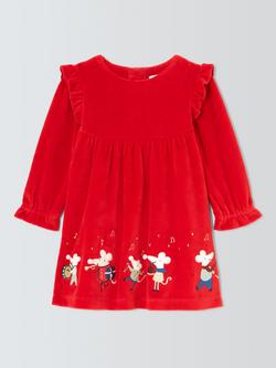 John Lewis Baby Christmas Mouse Border Velour Dress, Red, Red