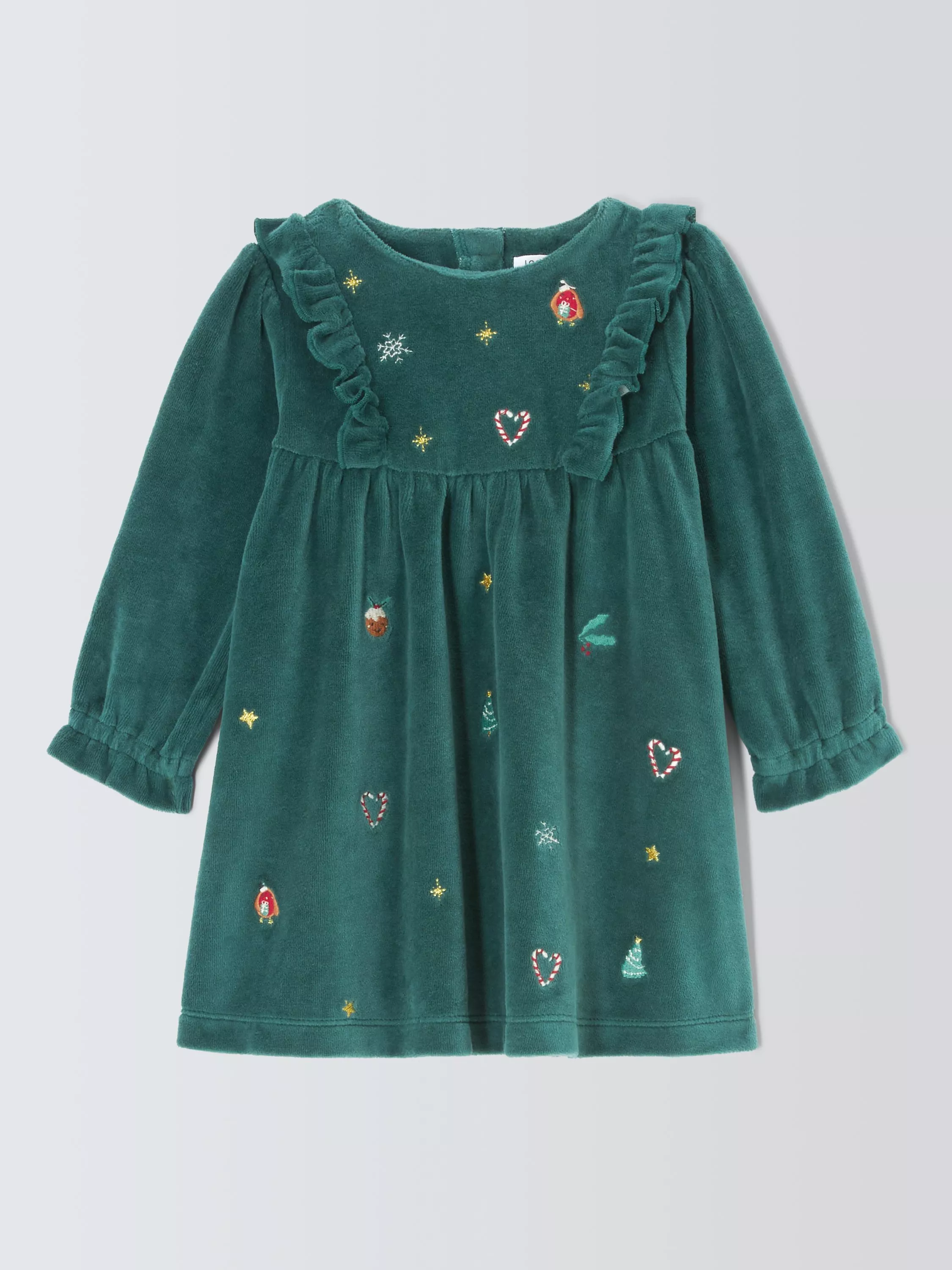 John Lewis Baby Christmas Embroidery Velour Dress, Green