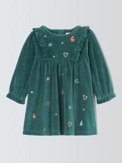 John Lewis Baby Christmas Embroidery Velour Dress, Green, Green