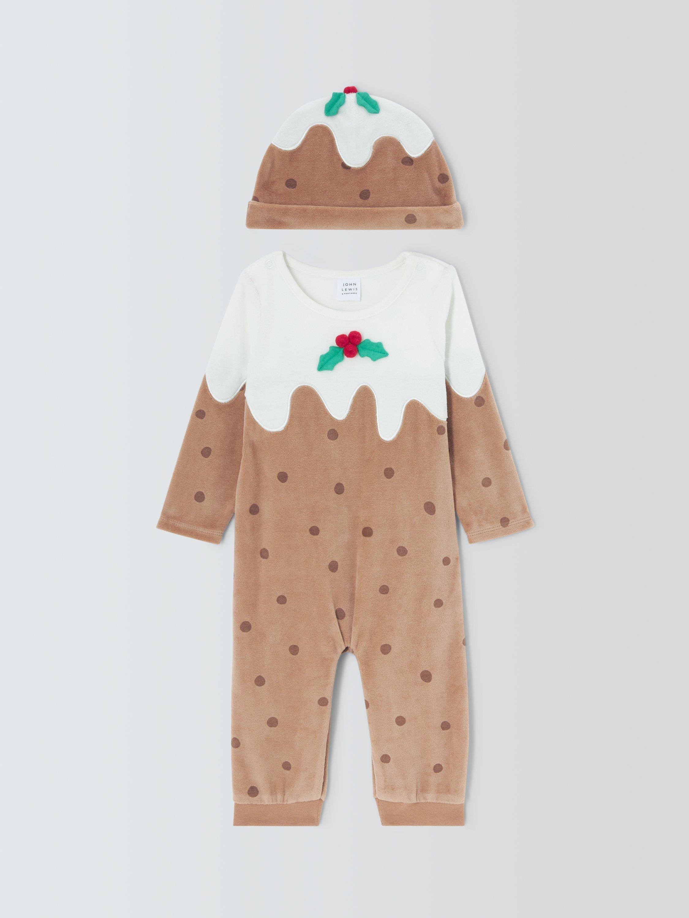 Product image 1 of 3, which shows John Lewis Baby Christmas Pudding Velour Romper & Hat Set, Multi, 0-3 months