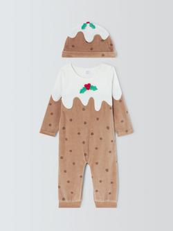 John Lewis Baby Christmas Pudding Velour Romper & Hat Set, Multi, Multi