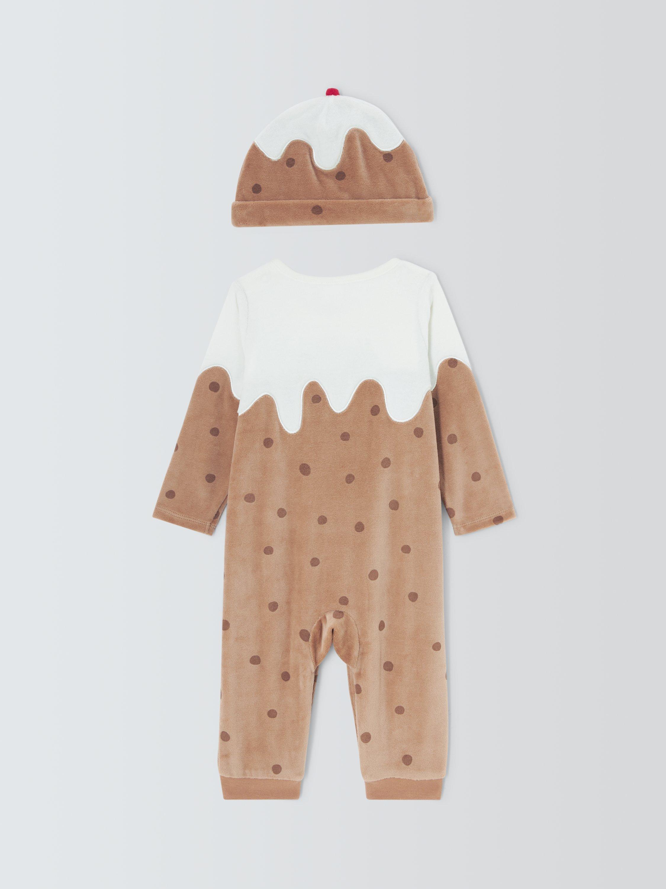 Product image 2 of 3, which shows John Lewis Baby Christmas Pudding Velour Romper & Hat Set, Multi, 0-3 months