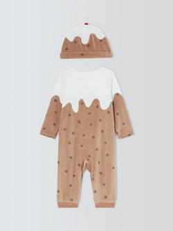 John Lewis Baby Christmas Pudding Velour Romper & Hat Set, Multi - view 2, Multi