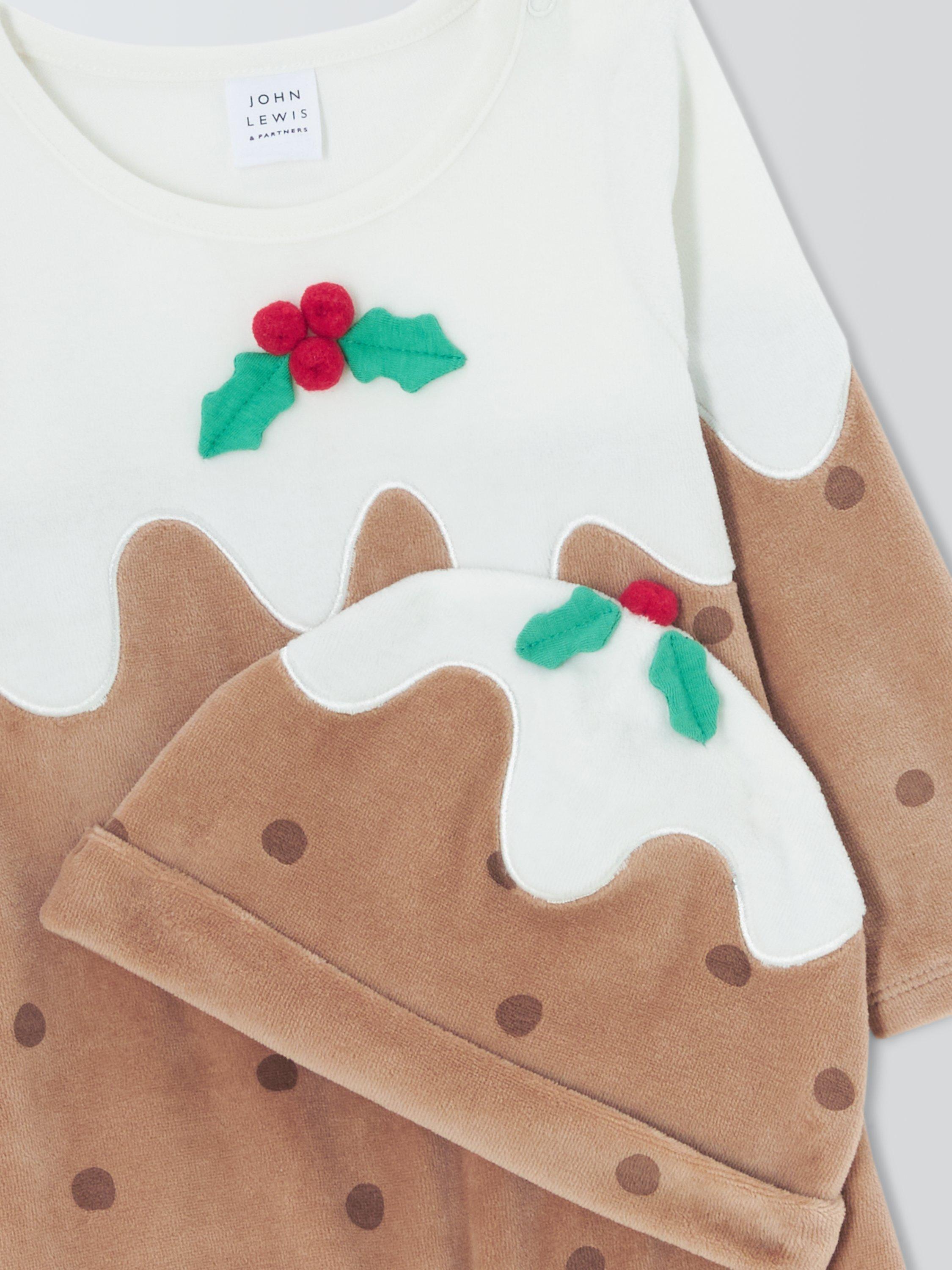 Product image 3 of 3, which shows John Lewis Baby Christmas Pudding Velour Romper & Hat Set, Multi, 0-3 months