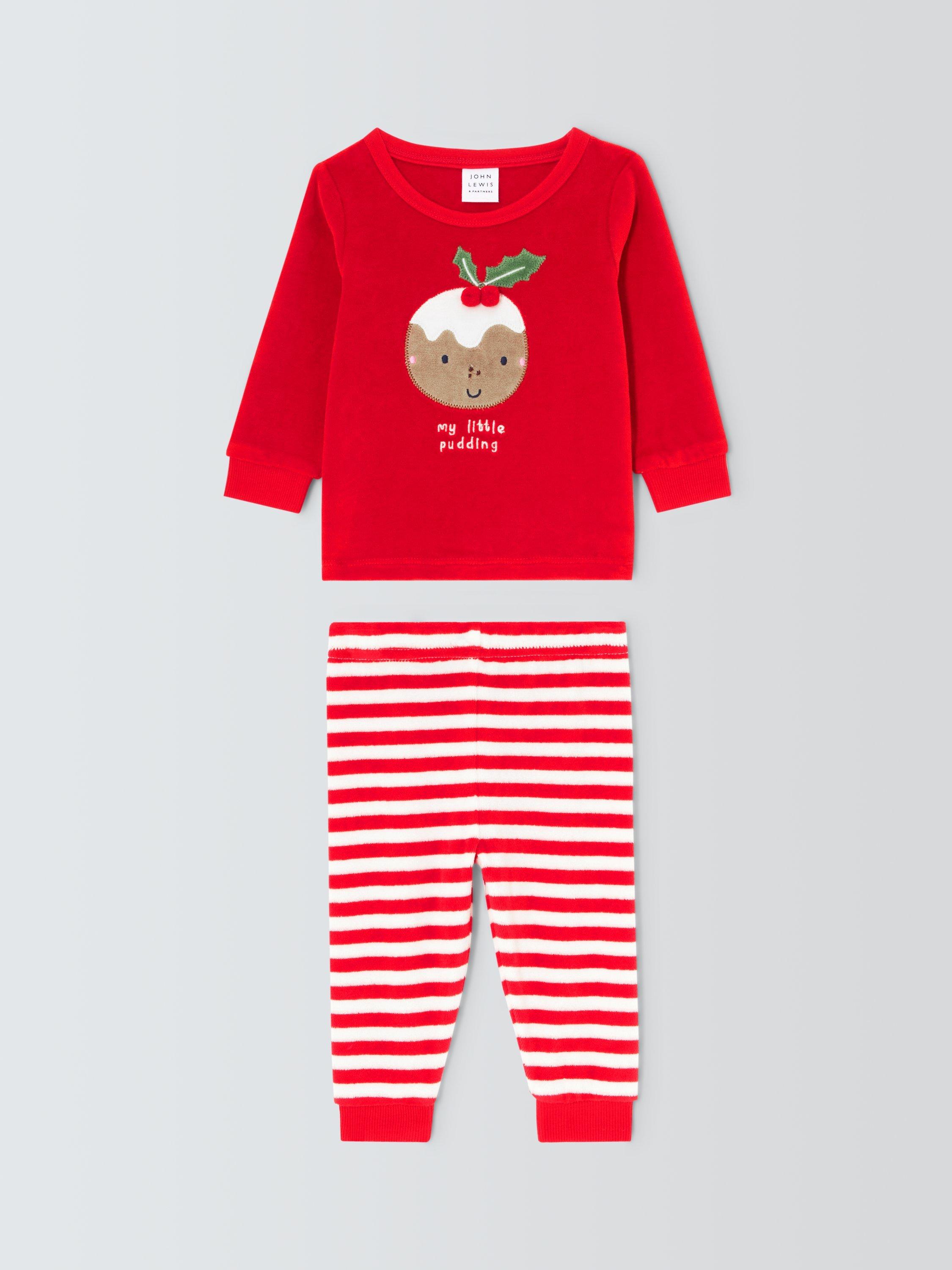 Product image 1 of 3, which shows John Lewis Baby Christmas Pudding Velour Pyjamas, Red, 3-6 months