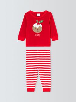 John Lewis Baby Christmas Pudding Velour Pyjamas, Red, Red