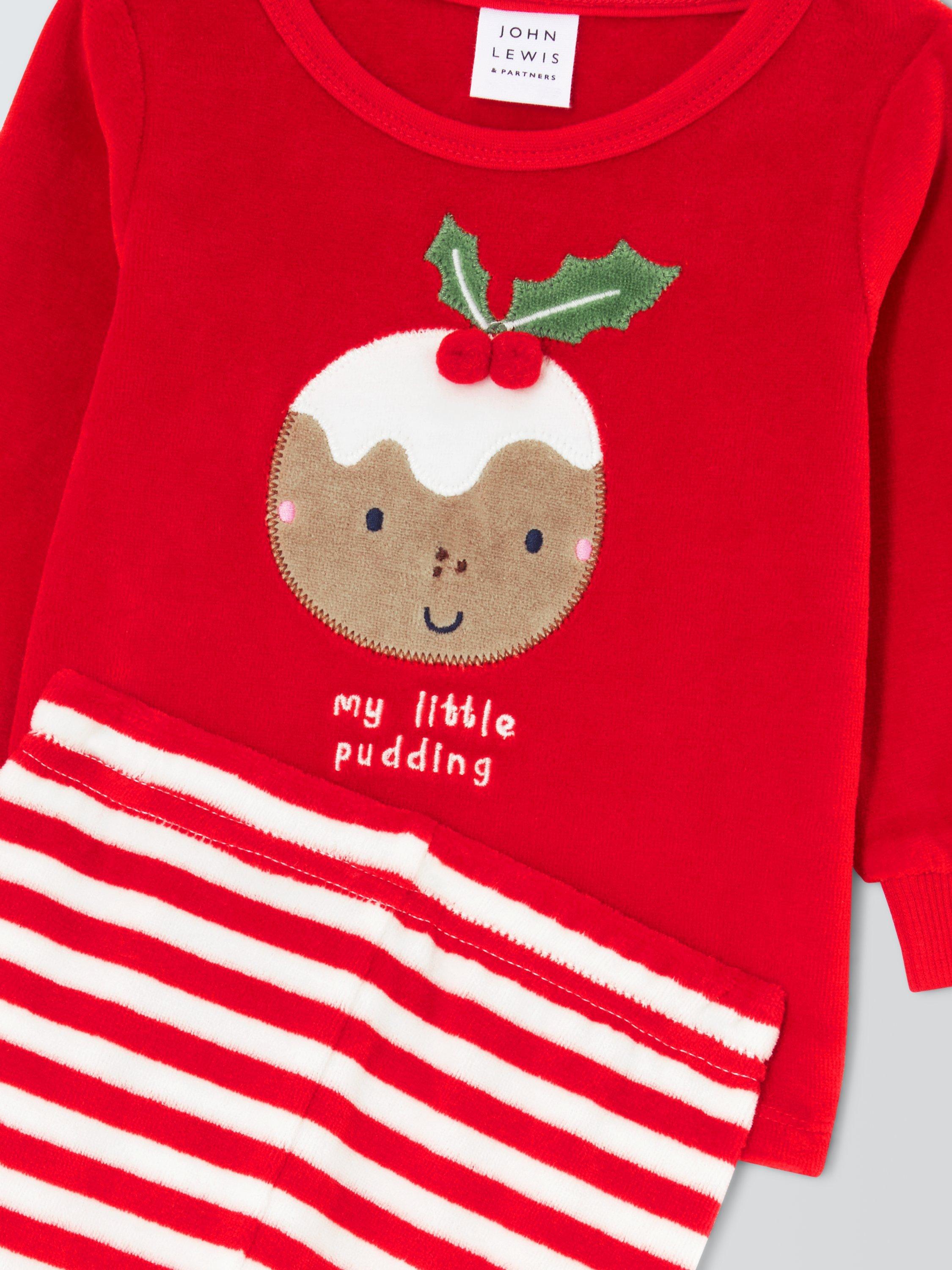 Product image 3 of 3, which shows John Lewis Baby Christmas Pudding Velour Pyjamas, Red, 3-6 months