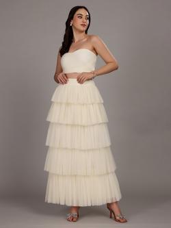 Lace & Beads Haifa Strapless Tulle Layered Cropped Top, White, White