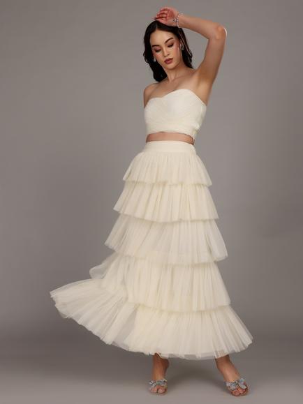 Lace & Beads Haifa Strapless Tulle Layered Cropped Top, White - view 2, White