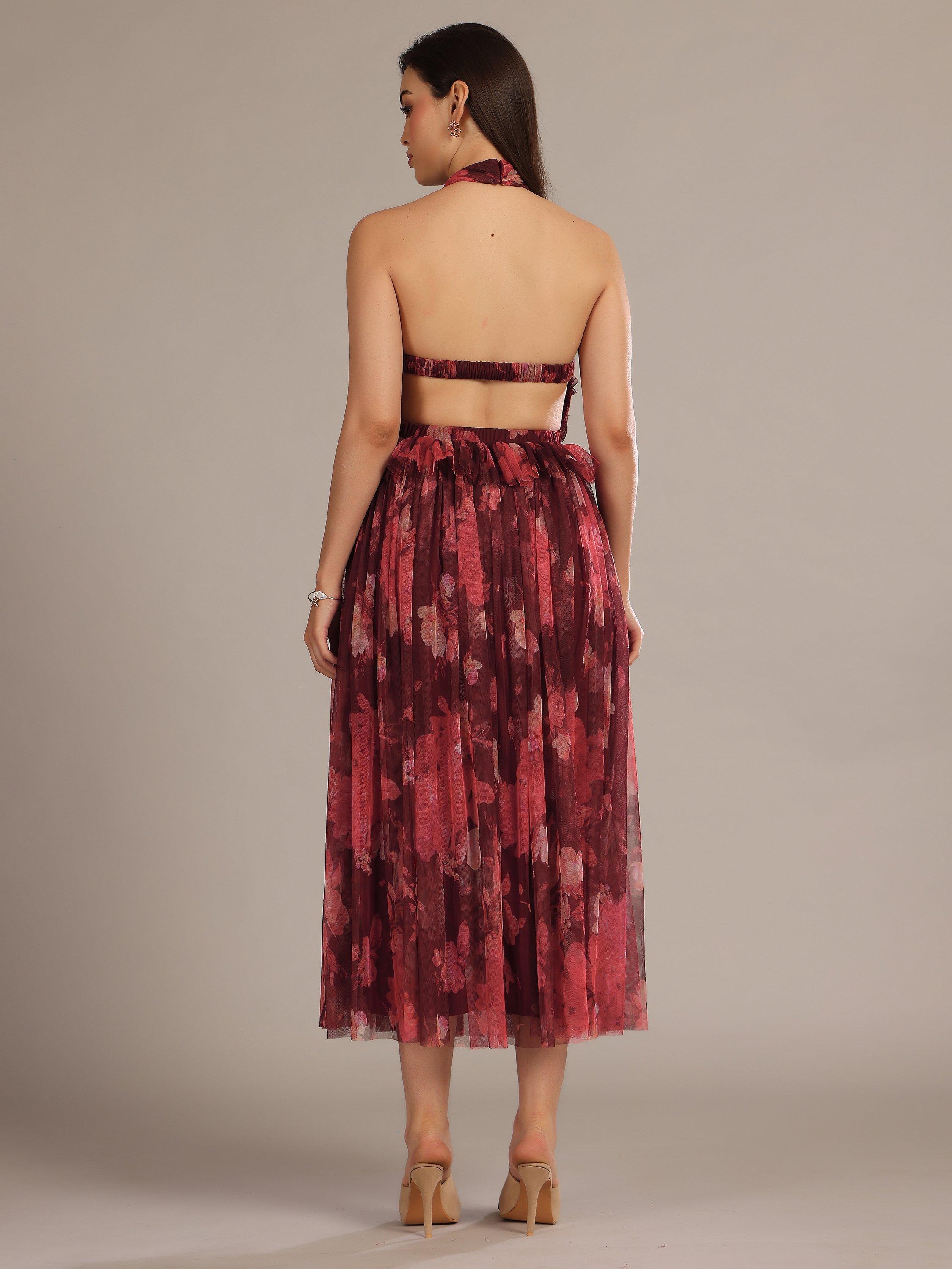 Product image 2 of 5, which shows Lace & Beads Blossom Tulle Halterneck Top, Red Multi, 6