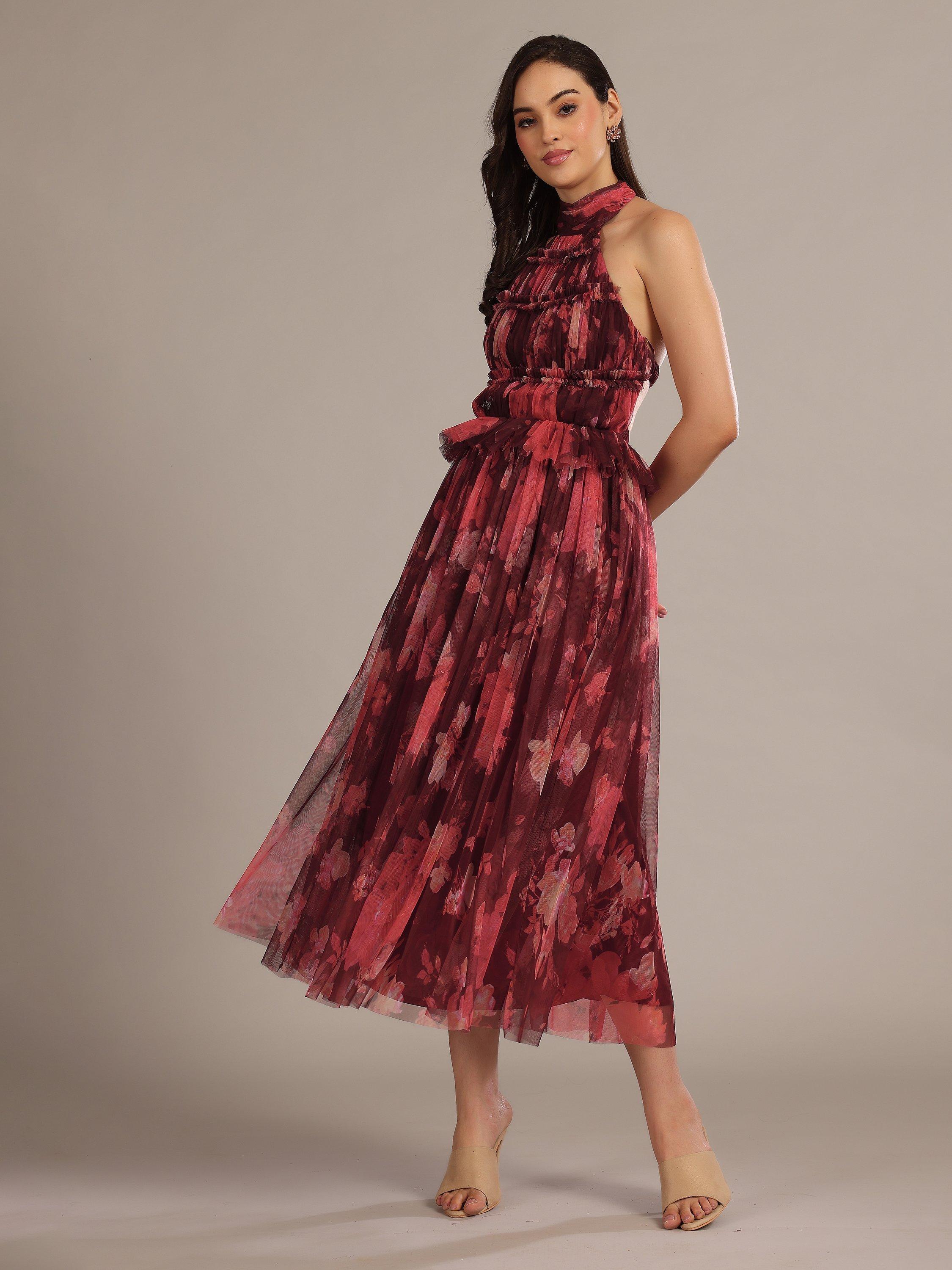 Product image 3 of 5, which shows Lace & Beads Blossom Tulle Halterneck Top, Red Multi, 6