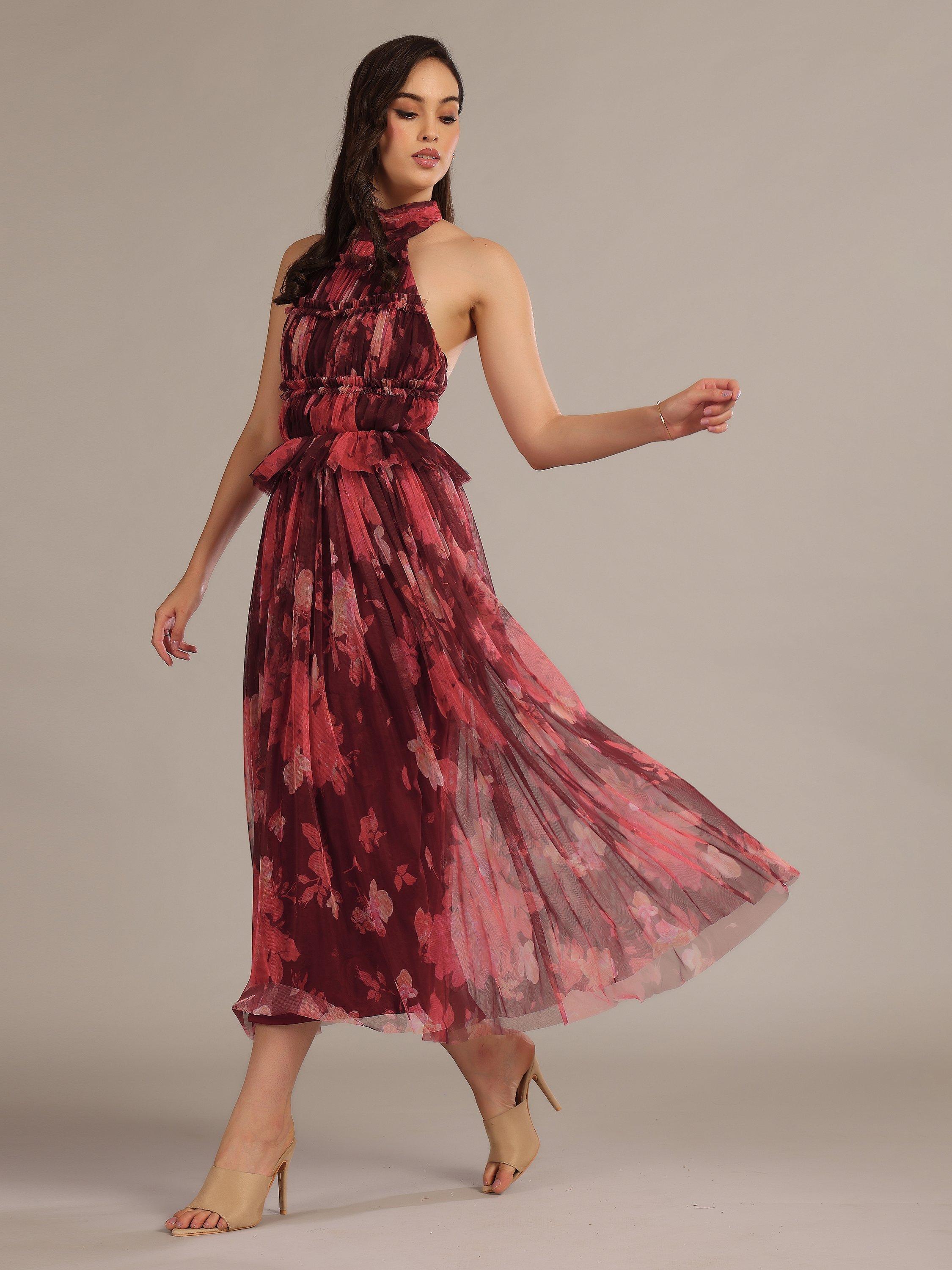 Product image 4 of 5, which shows Lace & Beads Blossom Tulle Halterneck Top, Red Multi, 6