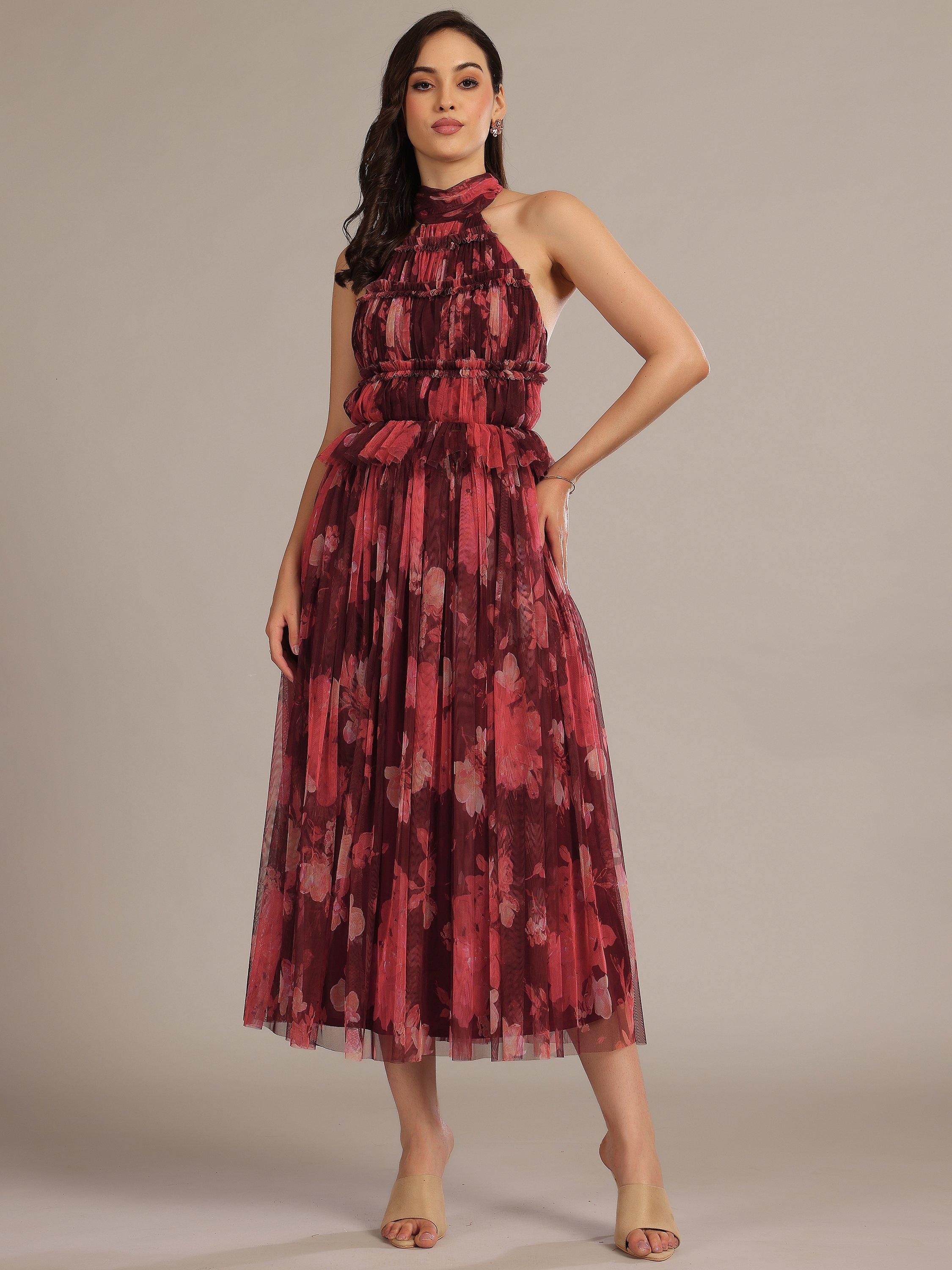Product image 1 of 5, which shows Lace & Beads Blossom Print Midi Skirt, Red Multi, 6