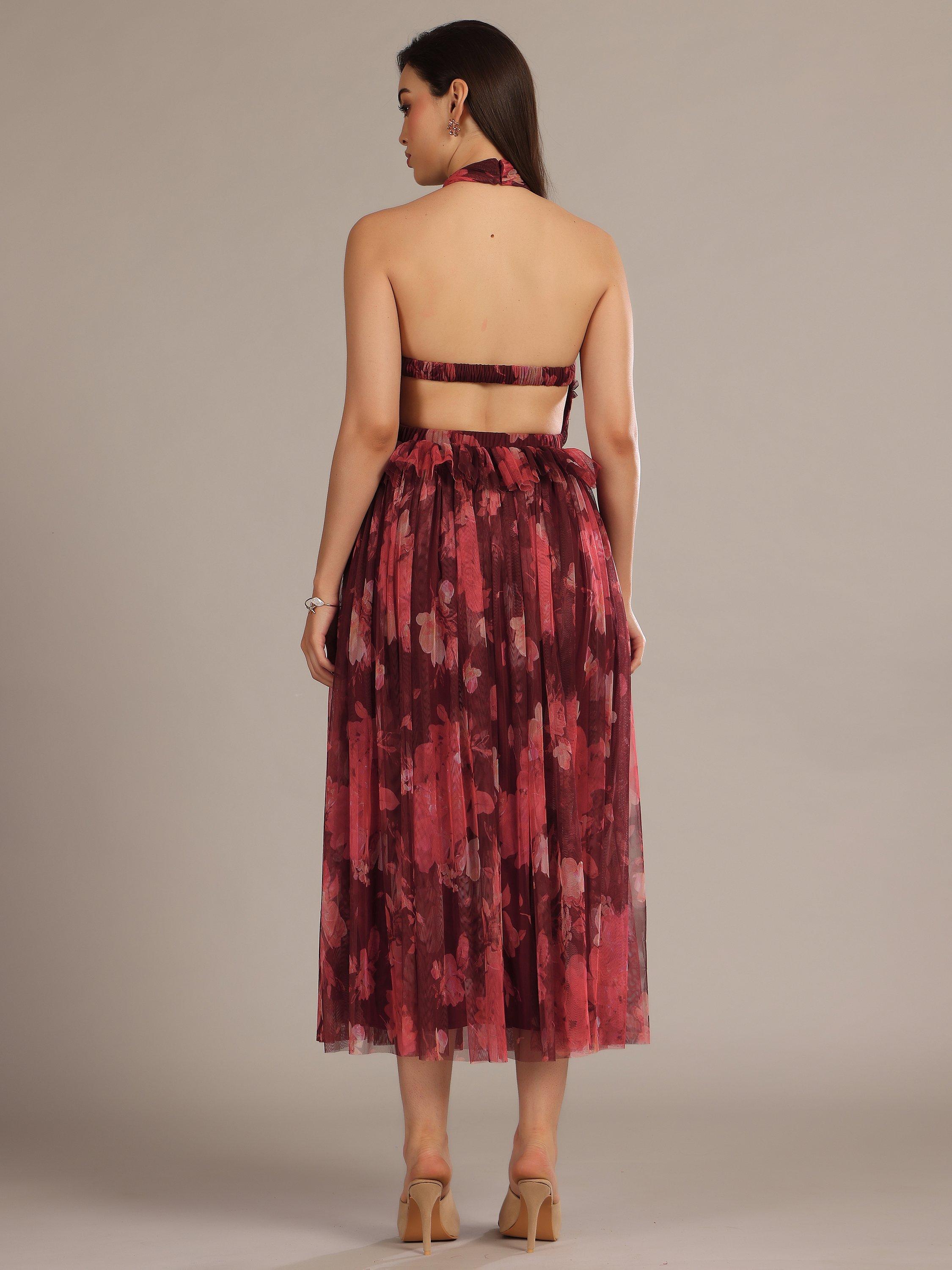 Product image 2 of 5, which shows Lace & Beads Blossom Print Midi Skirt, Red Multi, 6