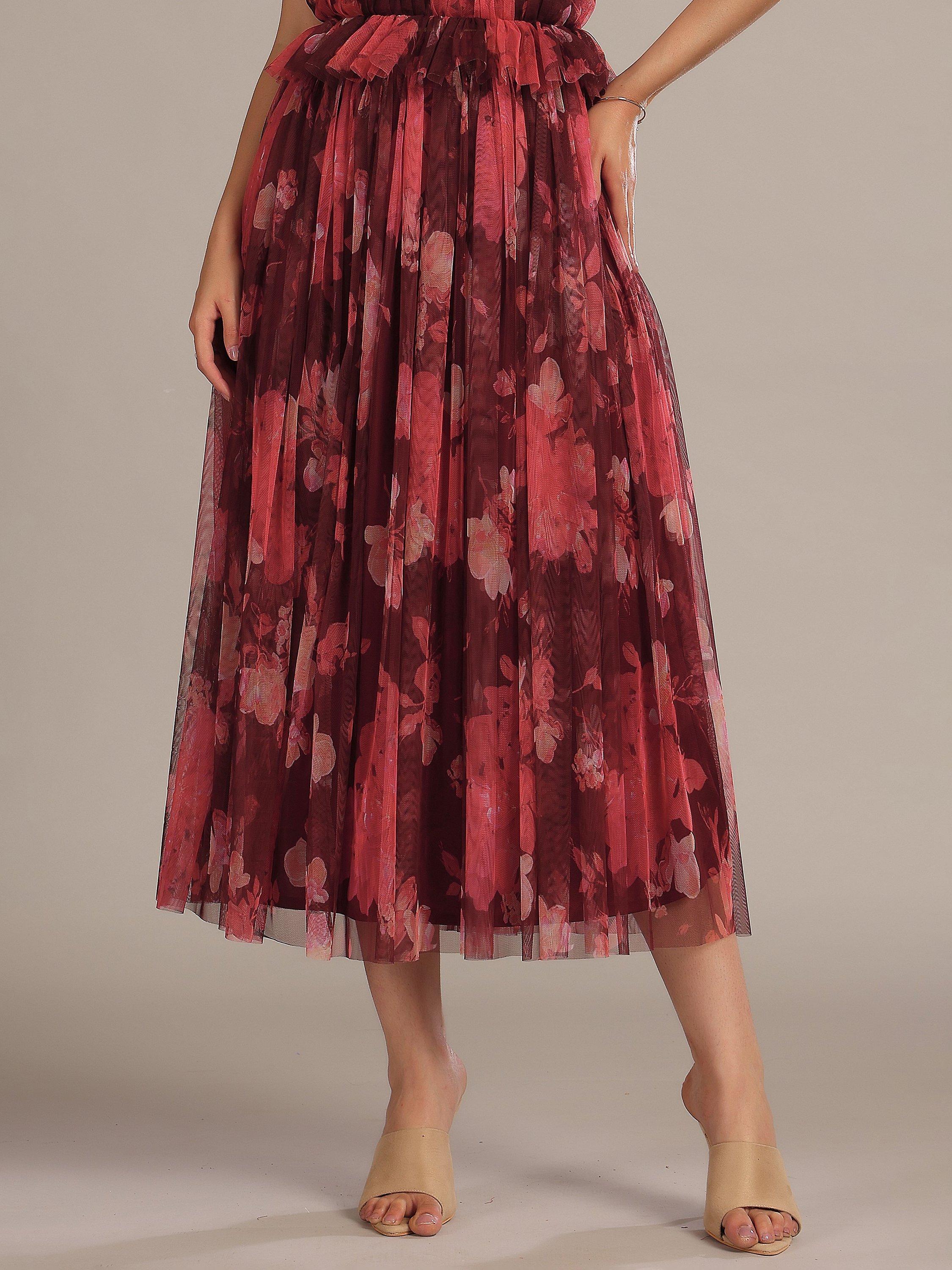Product image 4 of 5, which shows Lace & Beads Blossom Print Midi Skirt, Red Multi, 6