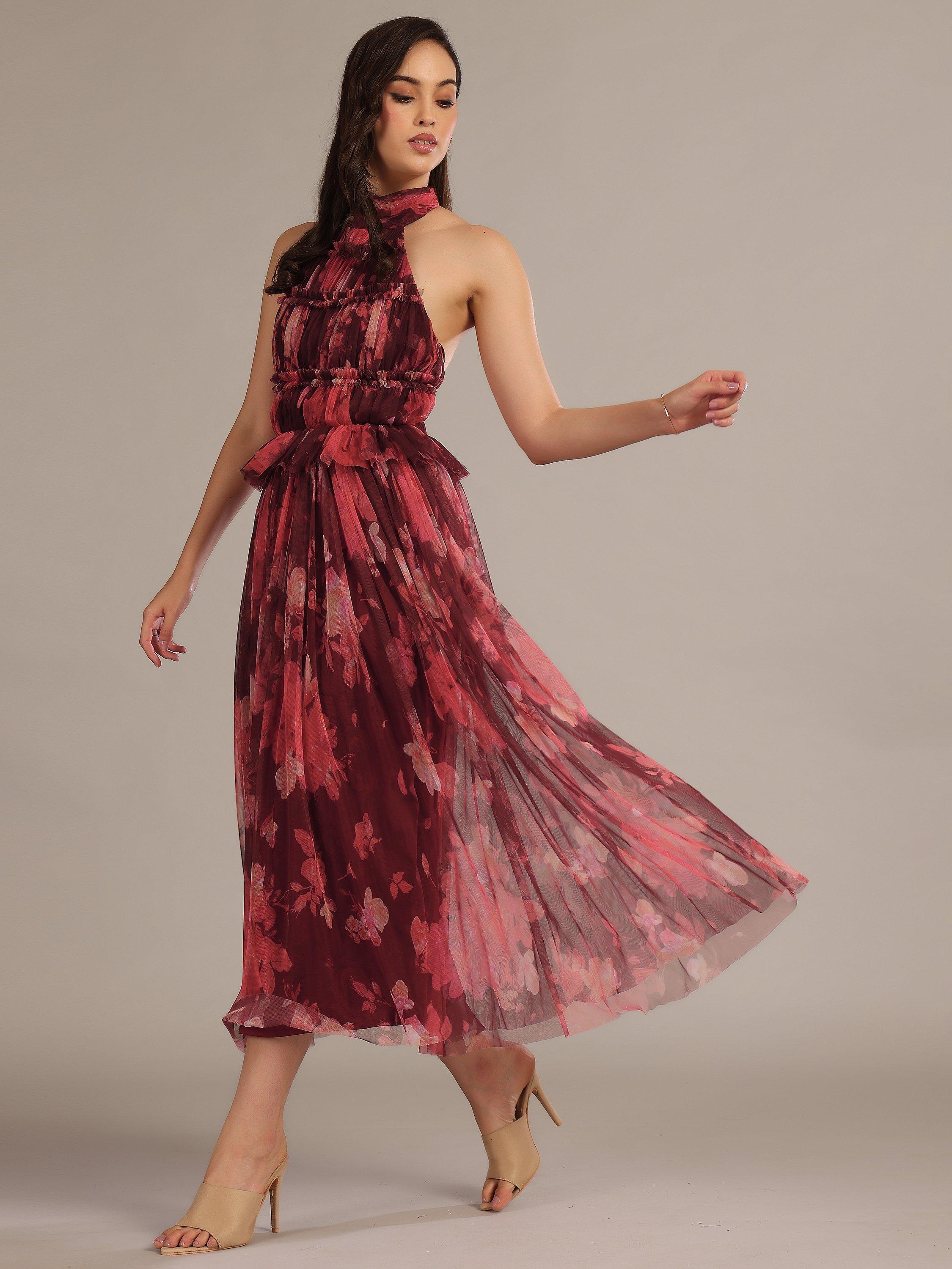 Product image 5 of 5, which shows Lace & Beads Blossom Print Midi Skirt, Red Multi, 6