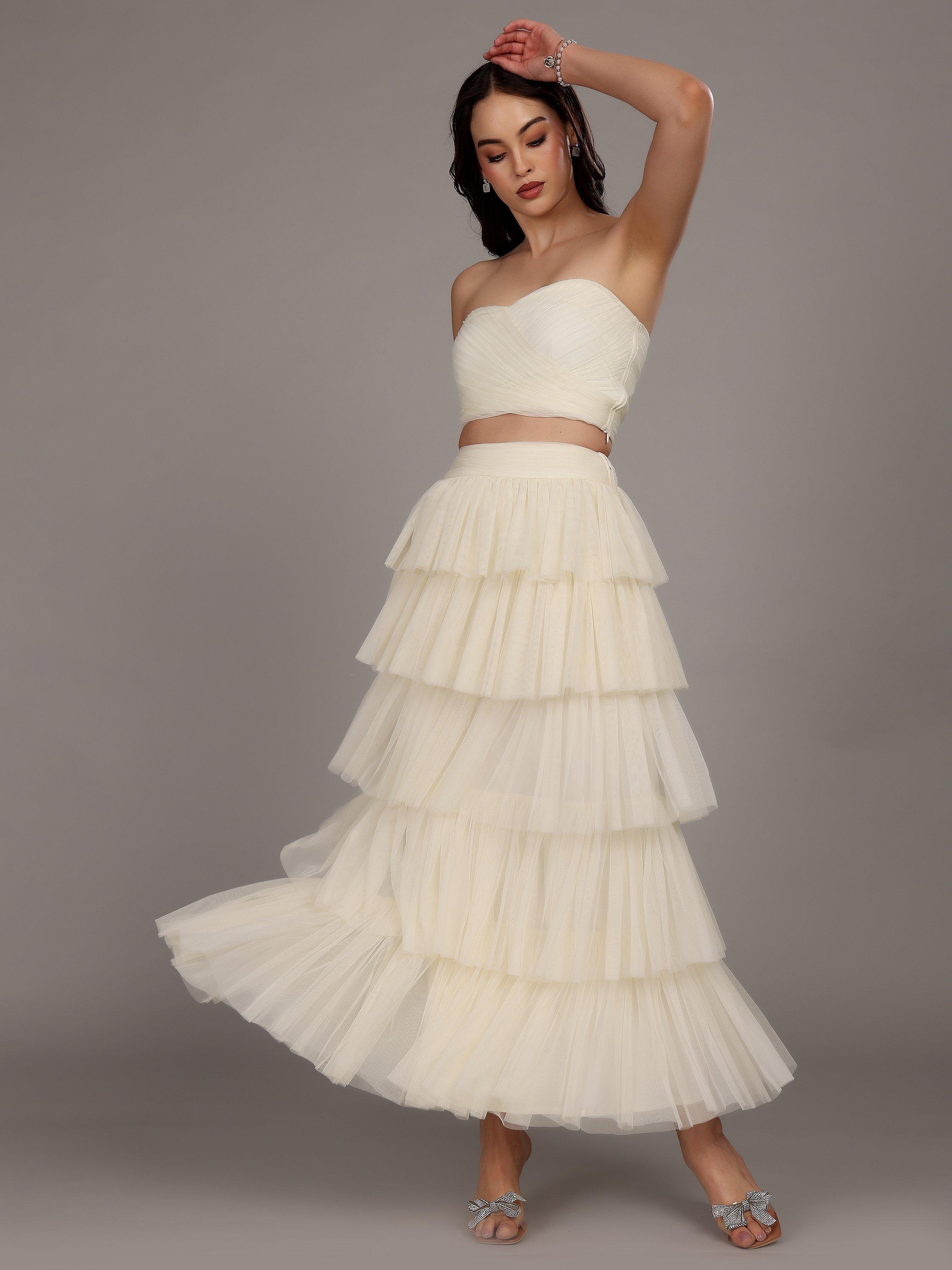 Product image 2 of 5, which shows Lace & Beads Haifa Tiered Tulle Maxi Skirt, White, 6