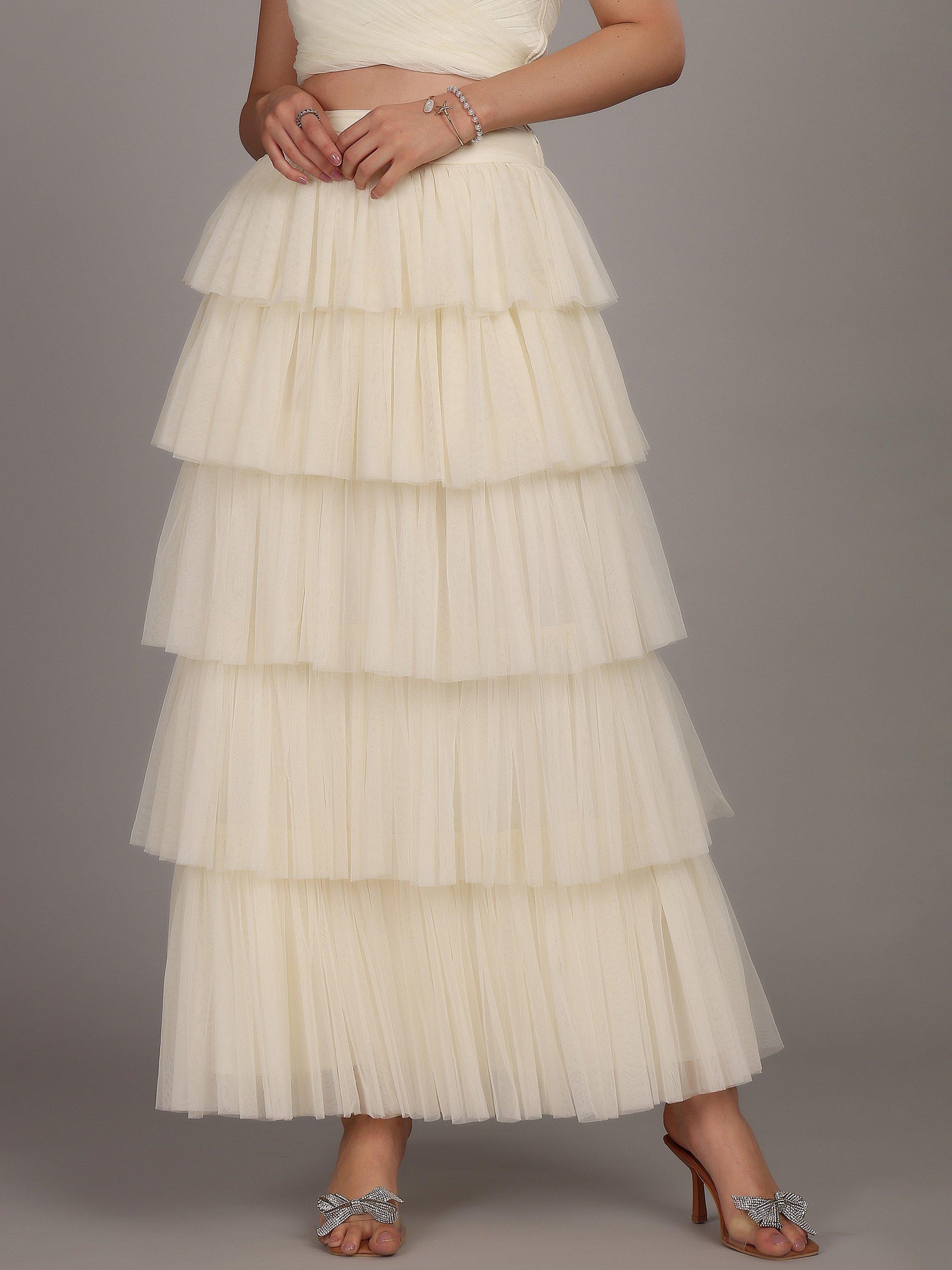 Product image 3 of 5, which shows Lace & Beads Haifa Tiered Tulle Maxi Skirt, White, 6