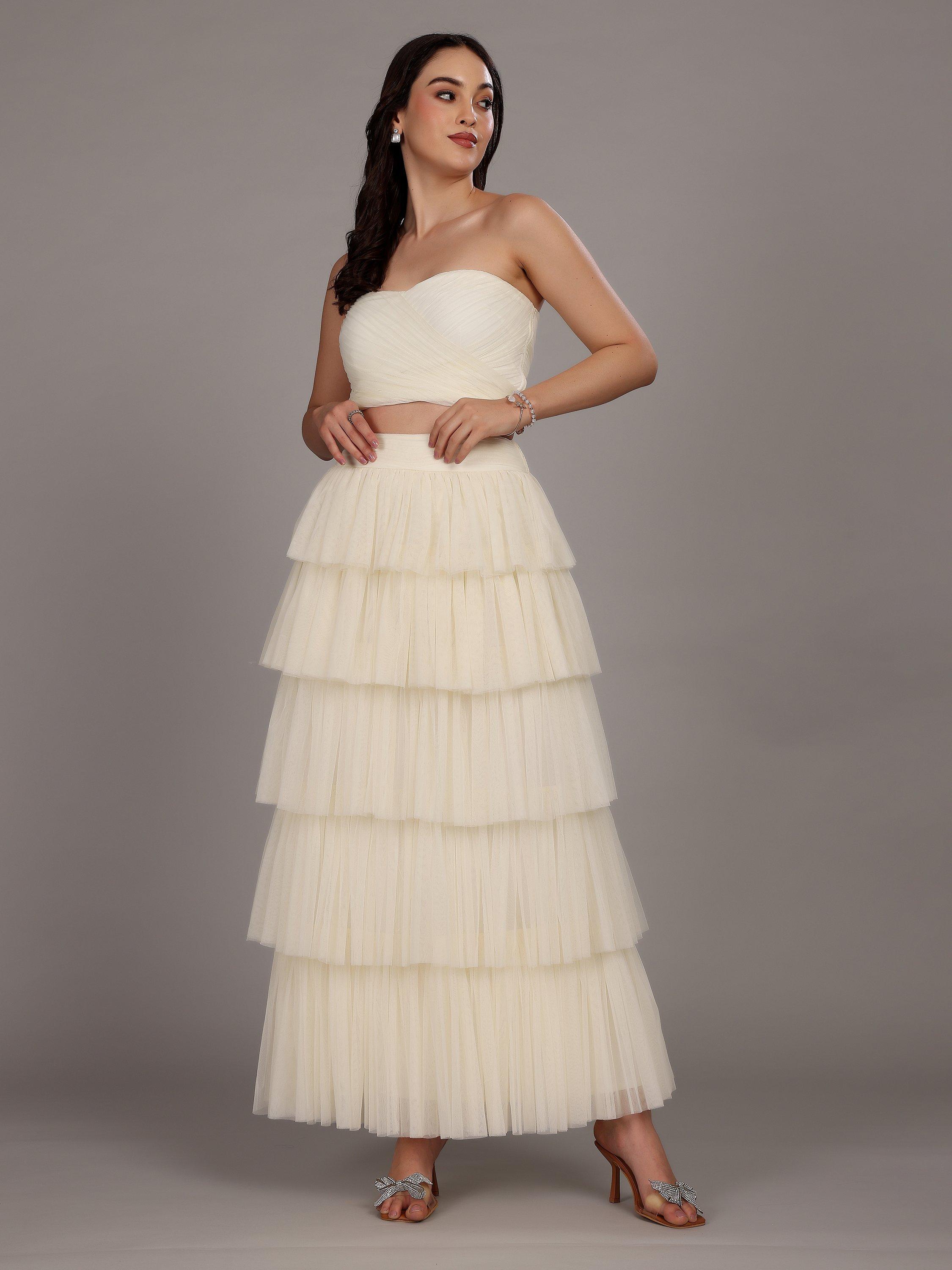 Product image 4 of 5, which shows Lace & Beads Haifa Tiered Tulle Maxi Skirt, White, 6