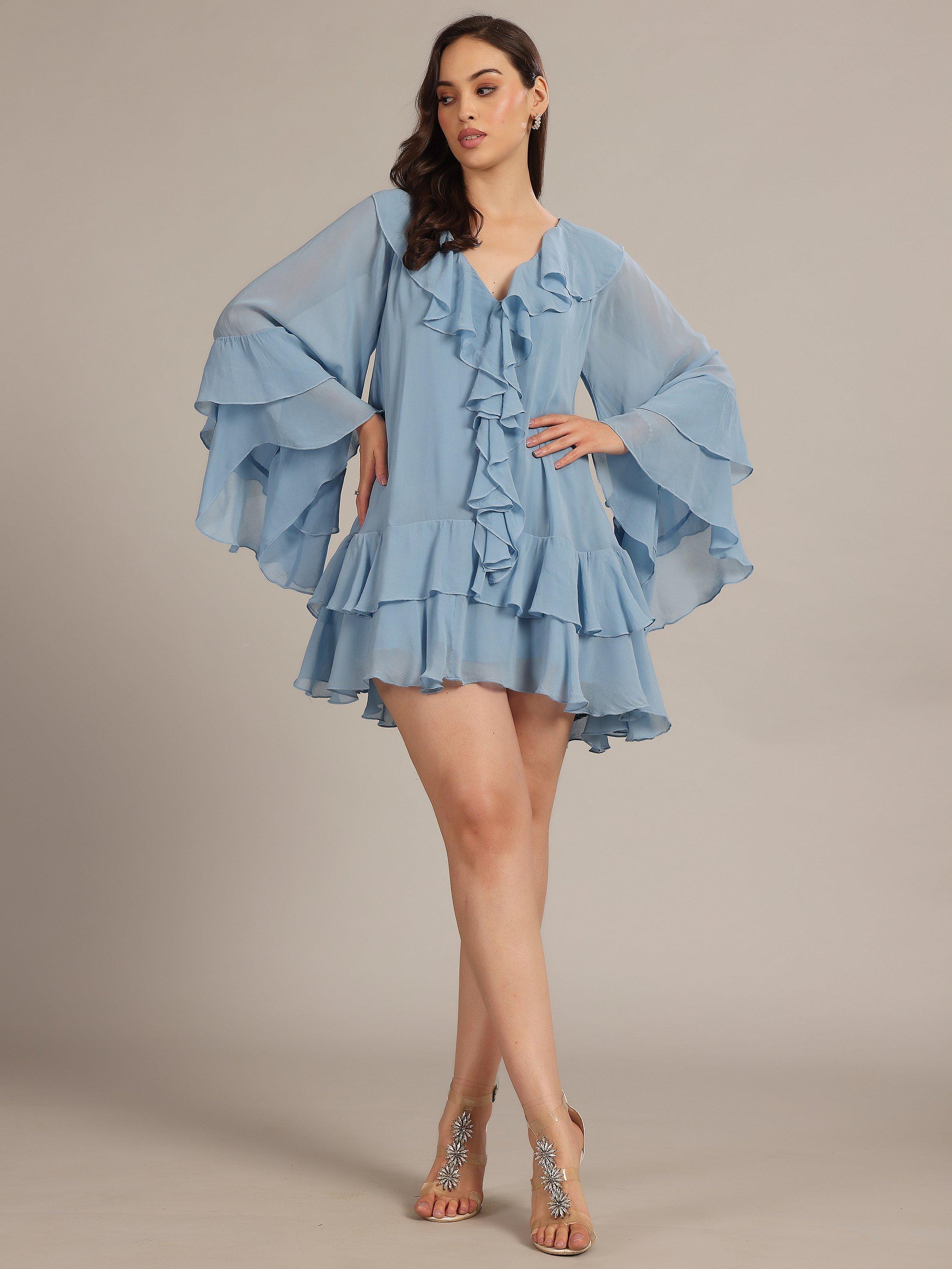 Product image 1 of 5, which shows Lace & Beads Analise Ruffle Chiffon Voile Mini Dress, Blue, 6